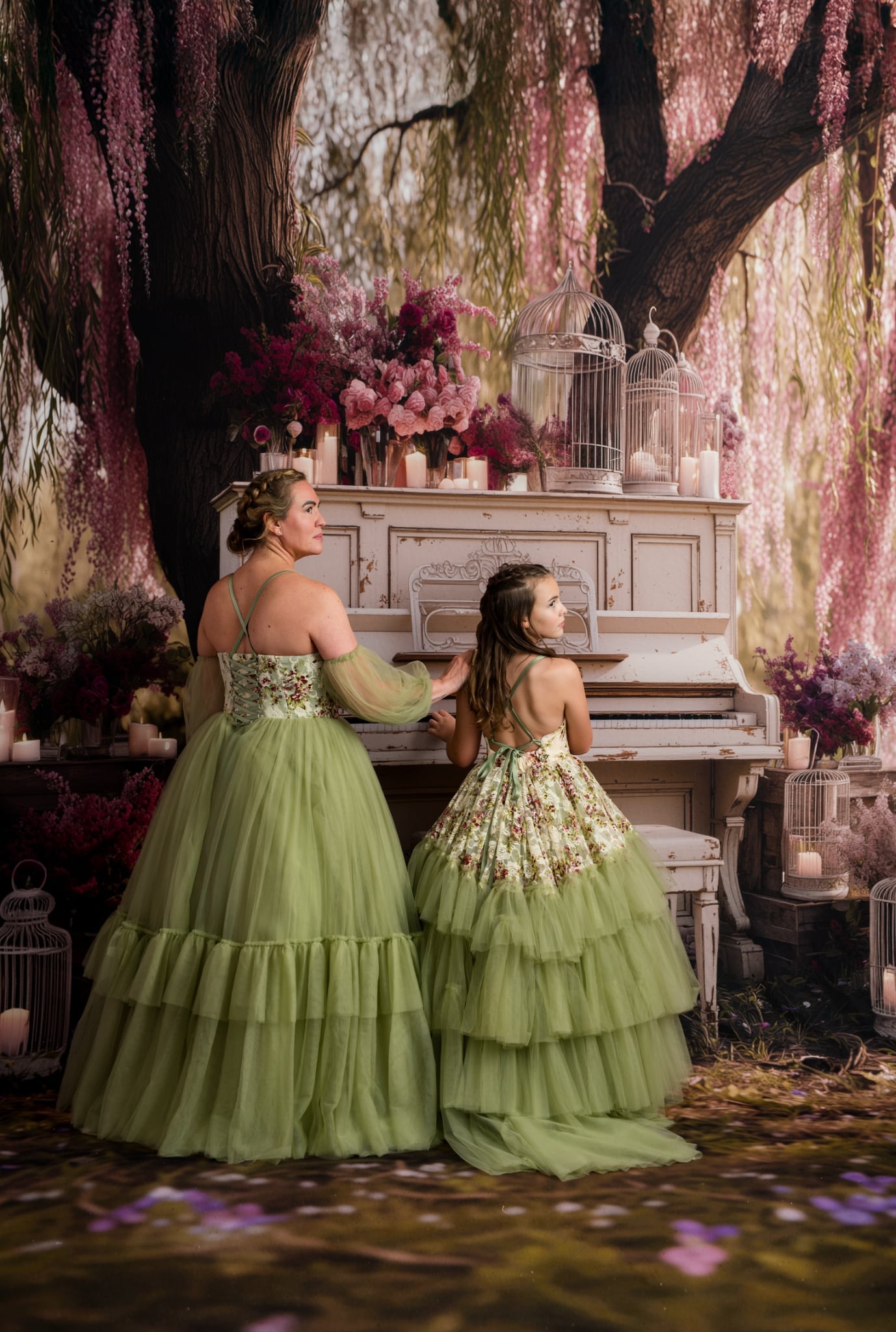 Two women in elegant dresses standing in a decorative setting with flowers and a piano.