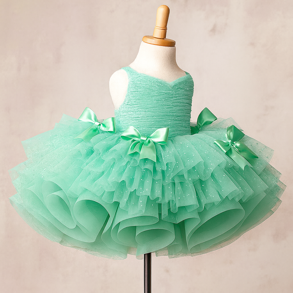 Bows of Grace SIZE 2-3 YEAR | RTS NEW SEAFOAM Swiss Dot Short Dress – Custom Couture Gown