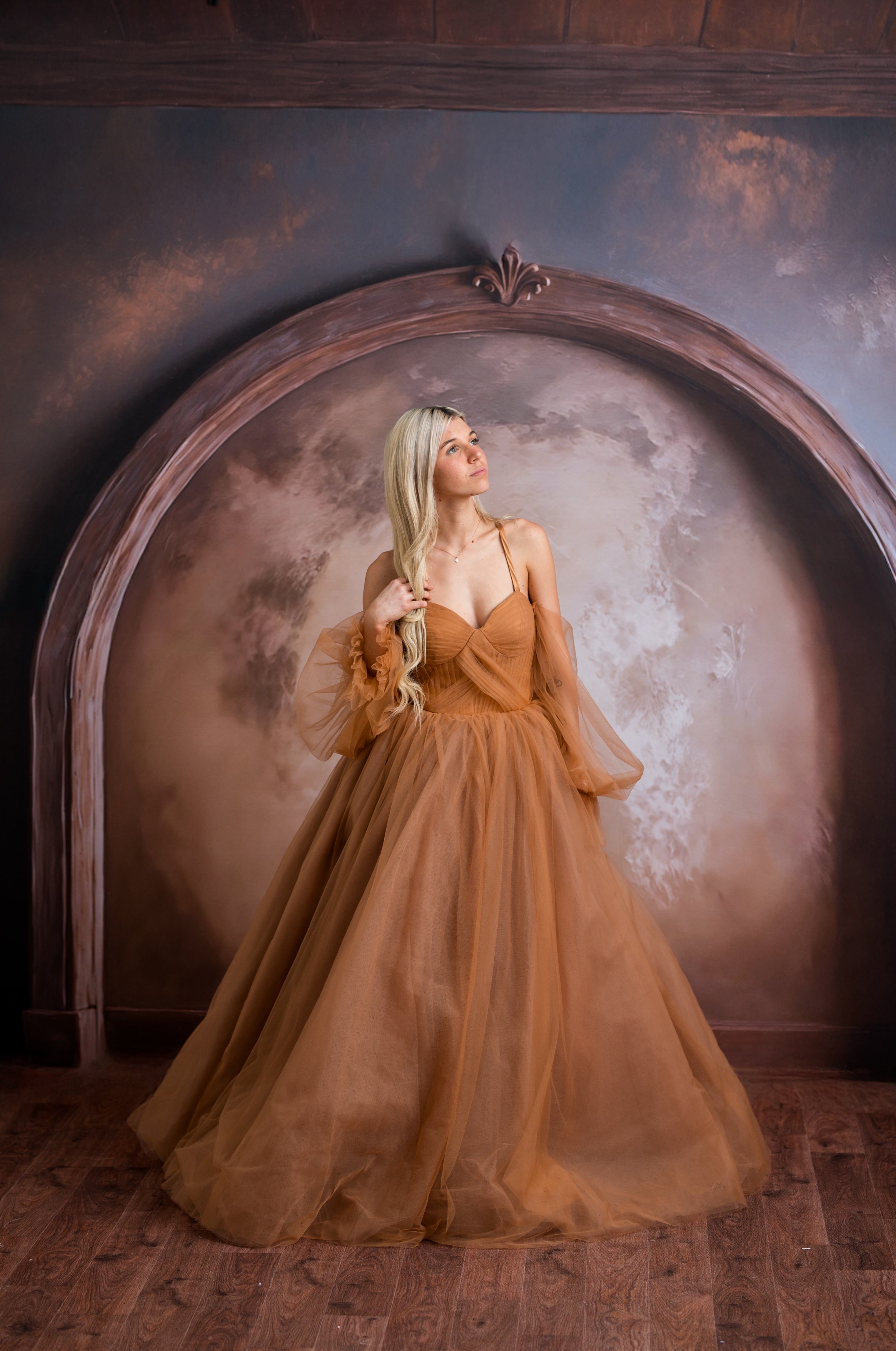 Sienna Belle couture gown rental with layered tulle skirt and sweetheart bodice
