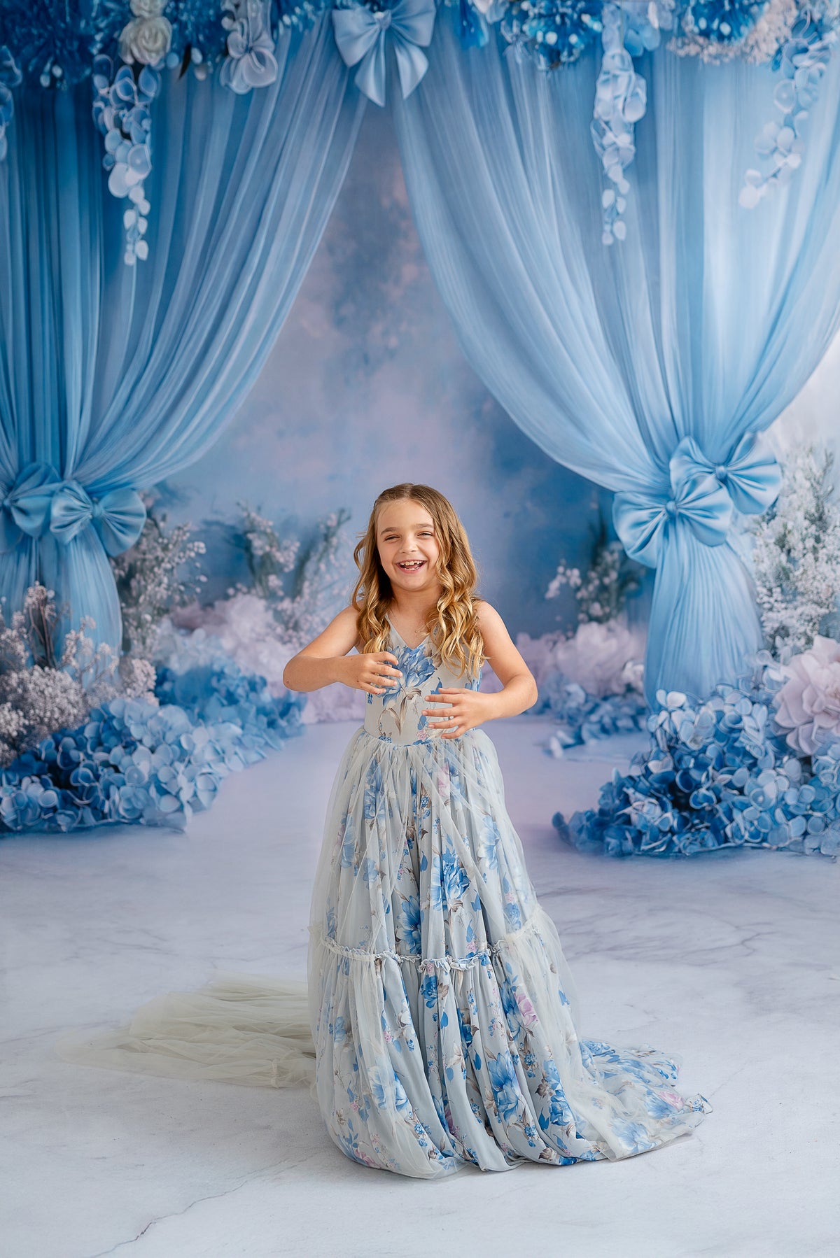 Flowing Hillary gown styled for flower girl photography session.

