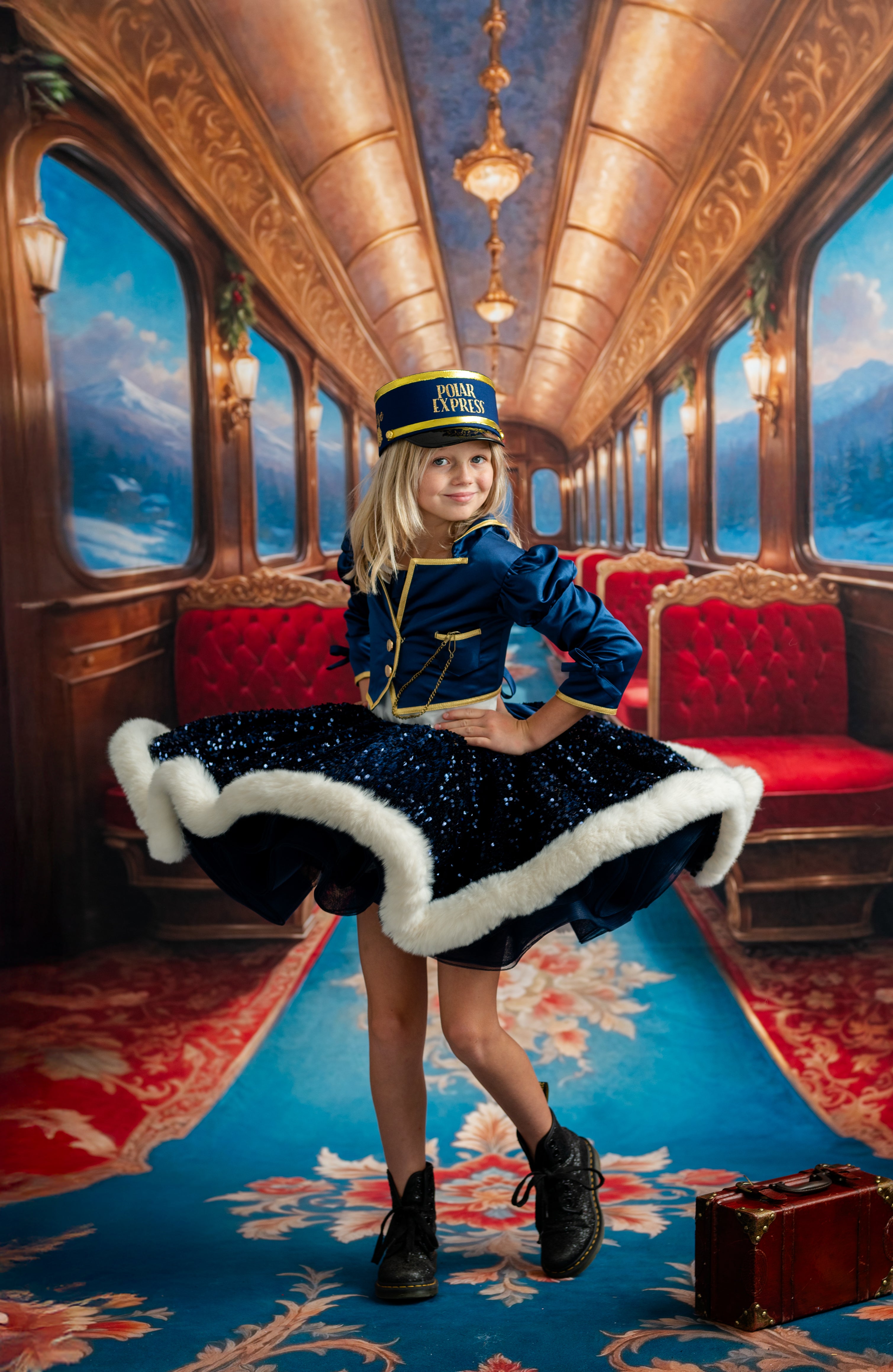 Young girl in a vintage train car with red seats and ornate ceiling.