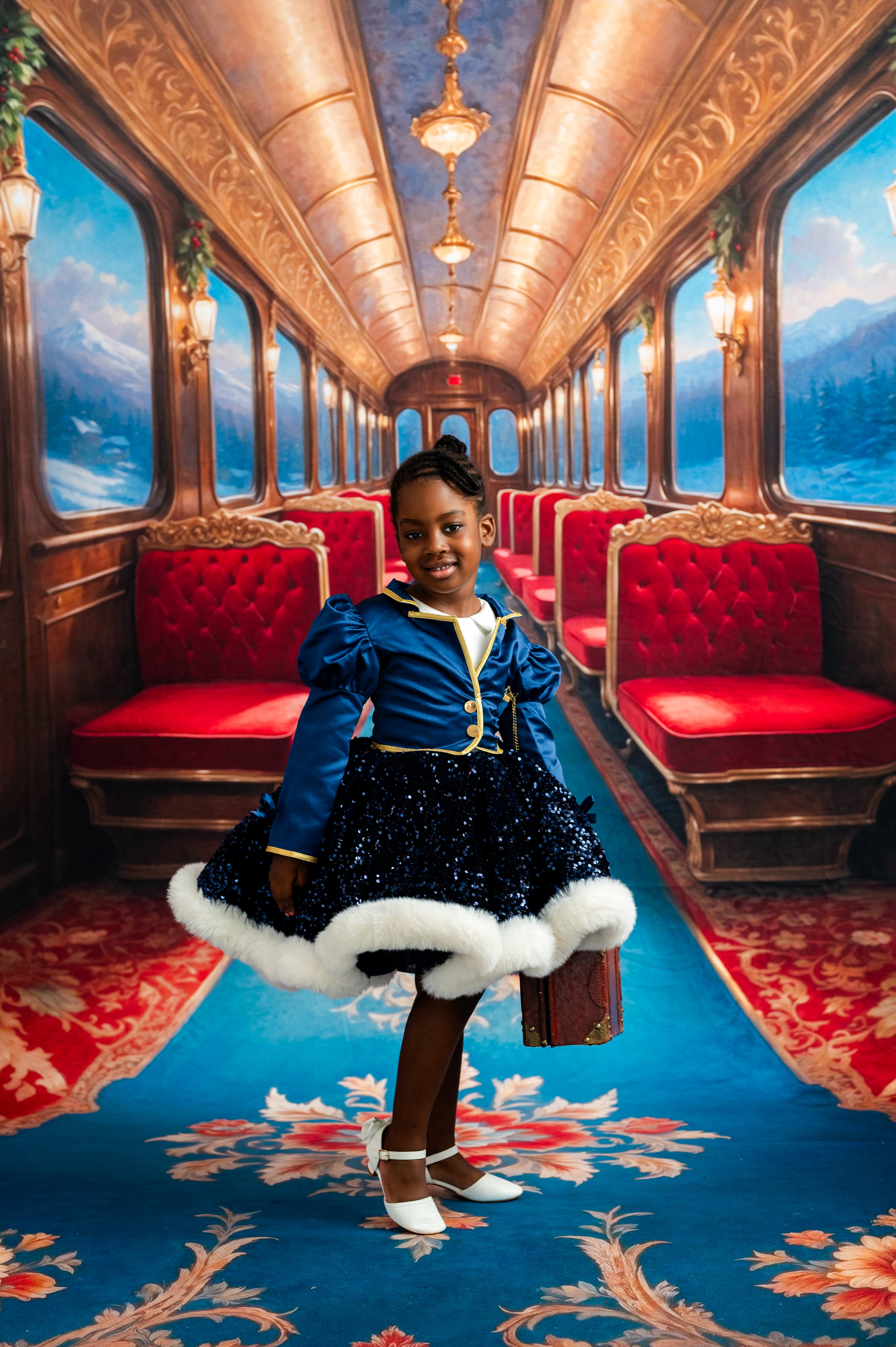 Woman in a vintage-style train car with red seats and ornate decor
