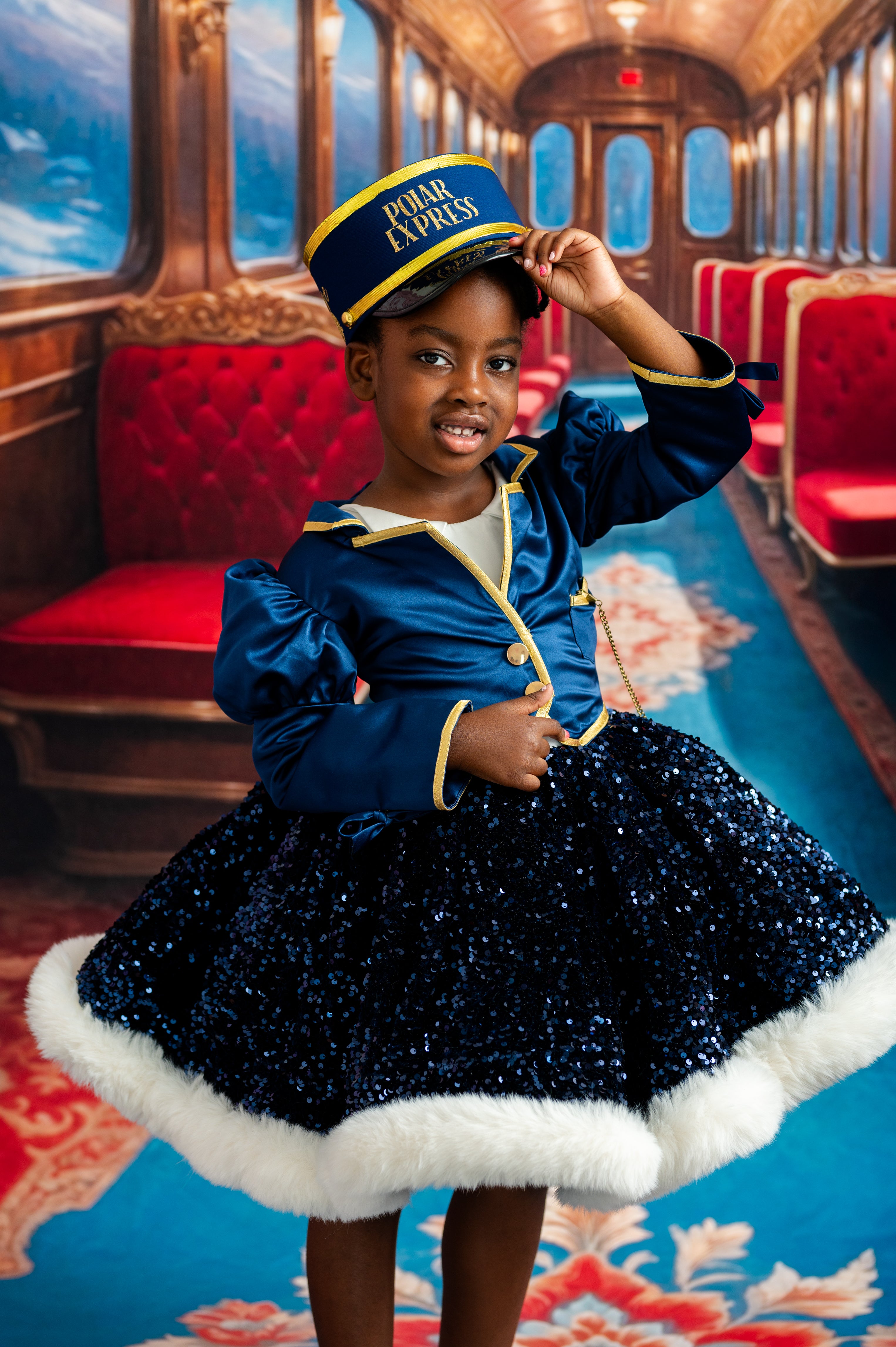 Child in a blue outfit with a hat on a train car with red seats and gold accents.