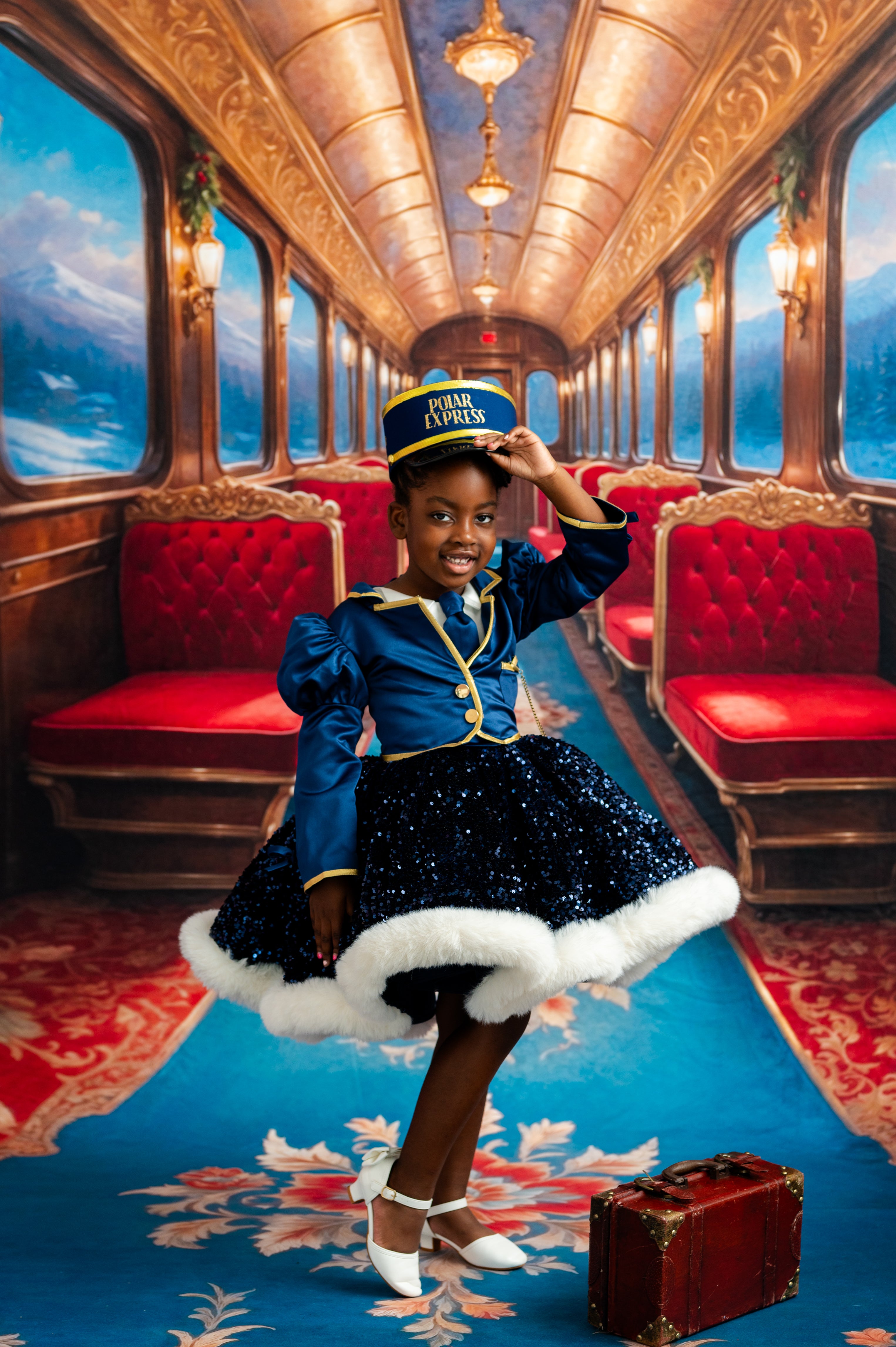 Child in a formal outfit with a hat in a luxurious train car with red seats and ornate ceiling.