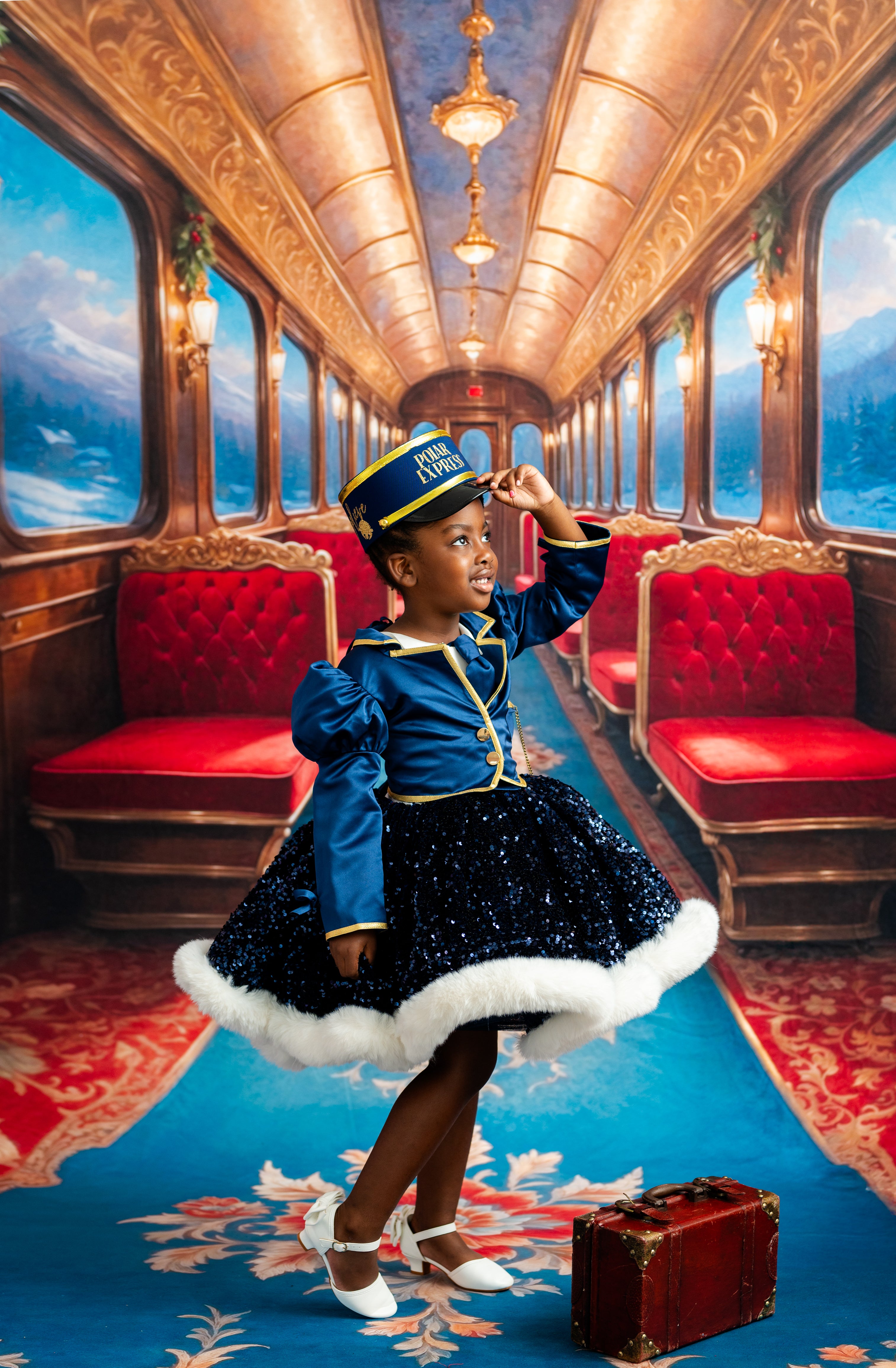 Child in a train car with red seats and gold accents, wearing a blue uniform.