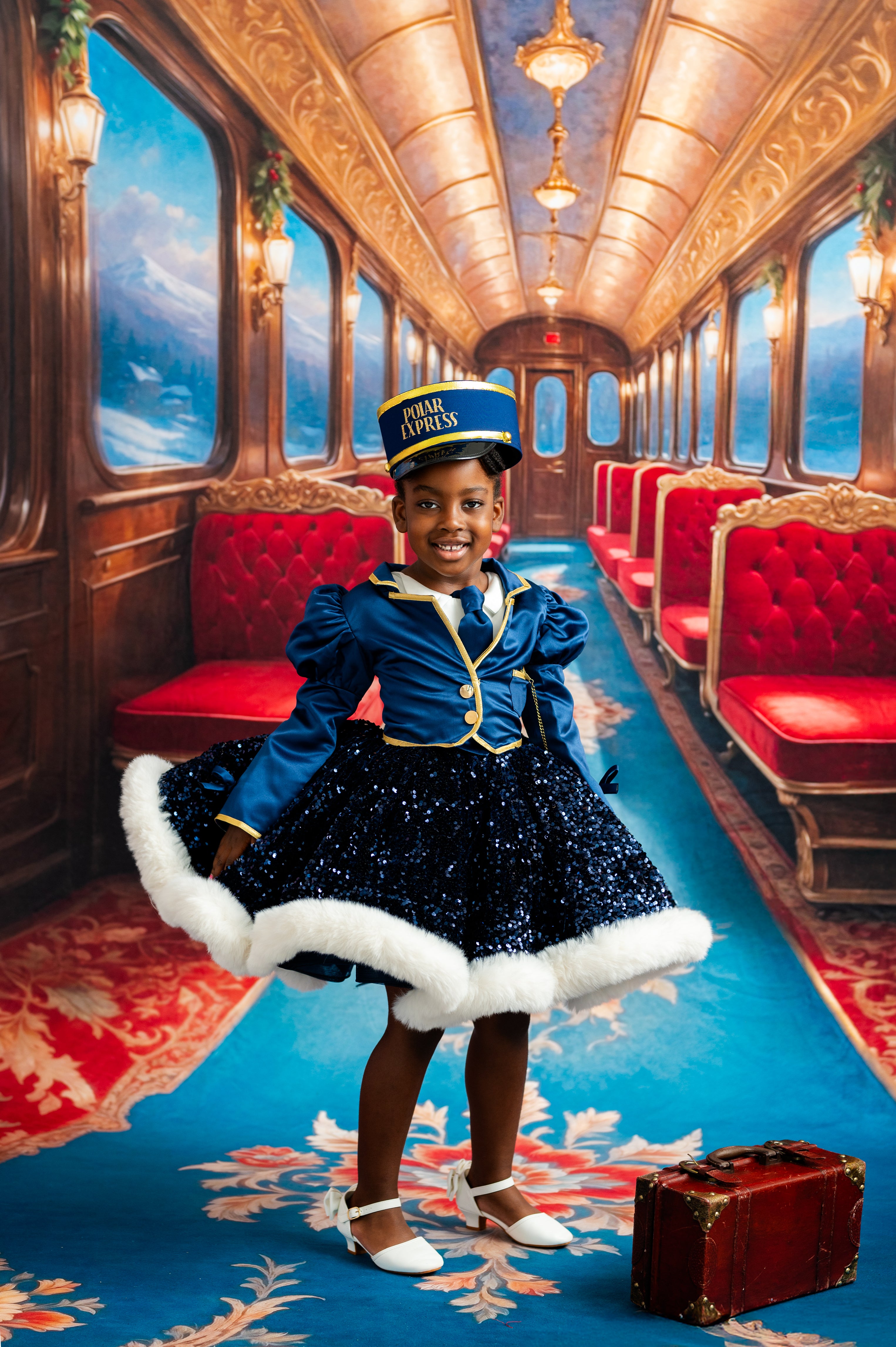 Child in a train conductor outfit standing in a luxurious train car with red seats and gold accents.