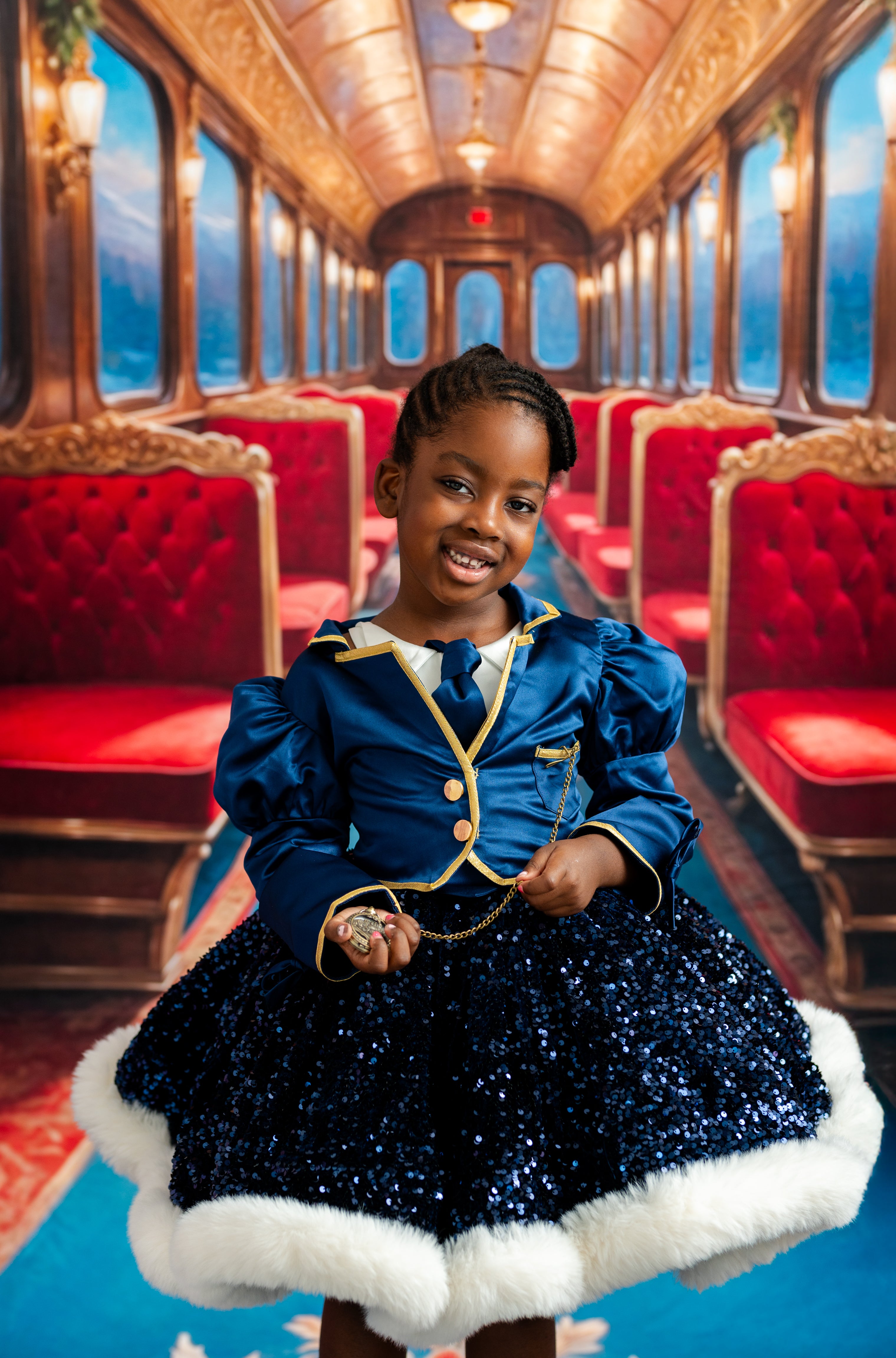 Young girl in a blue dress with white fur trim sitting in a luxurious train car with red seats.