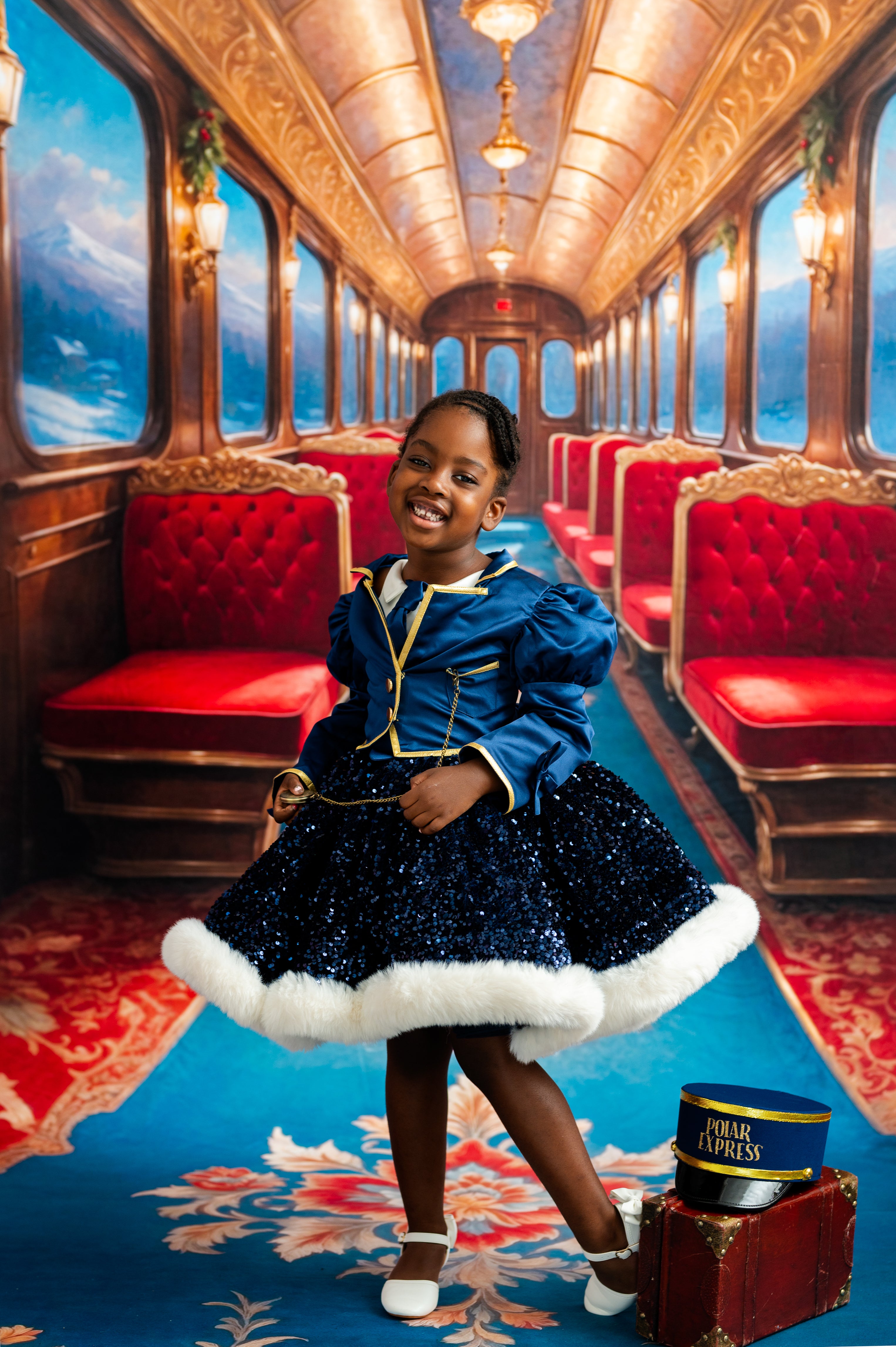 Young girl in a luxurious train car with red seats and gold accents.