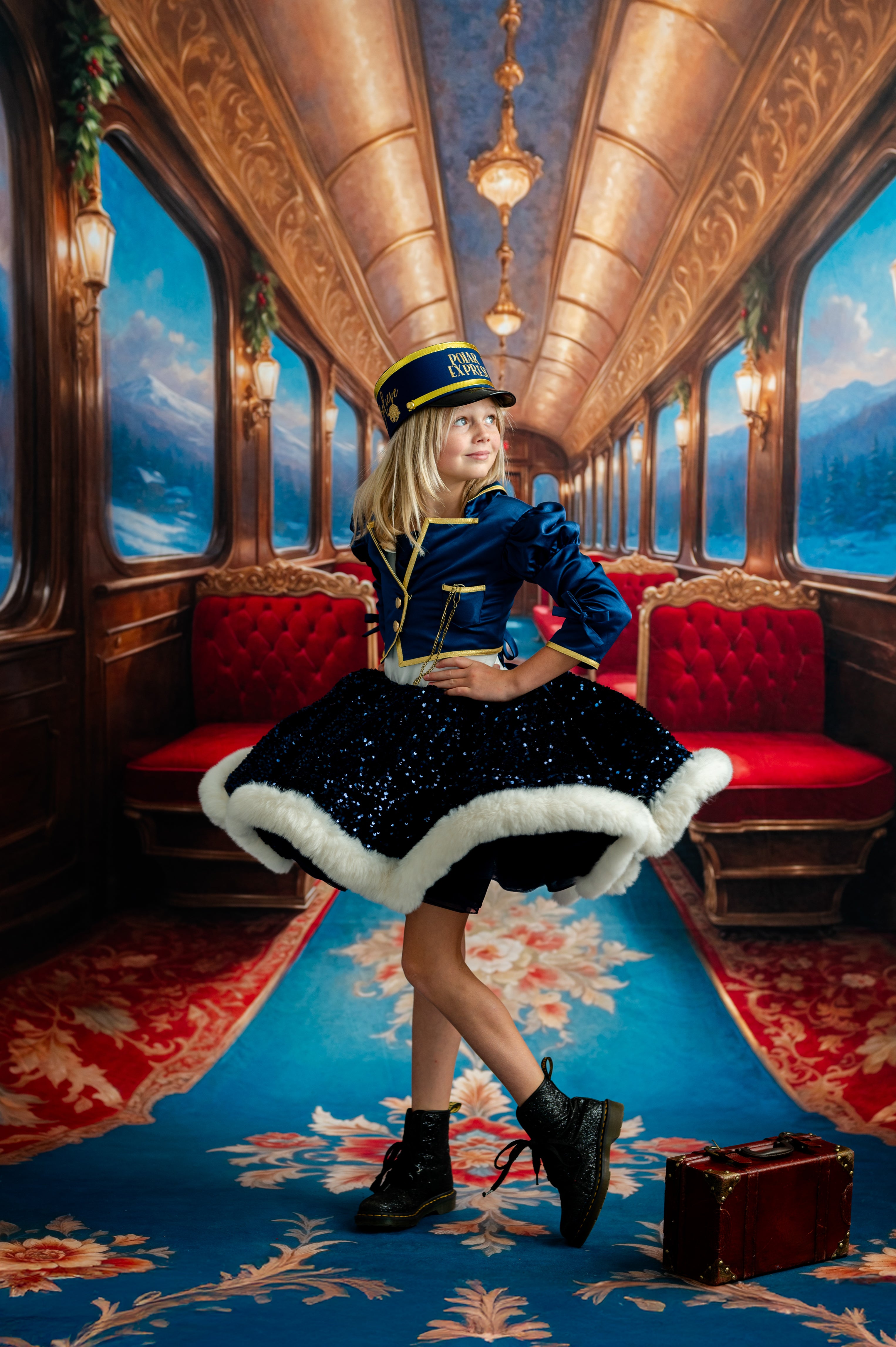 Person in a formal outfit standing in an opulent train car with red seats and decorative interior.