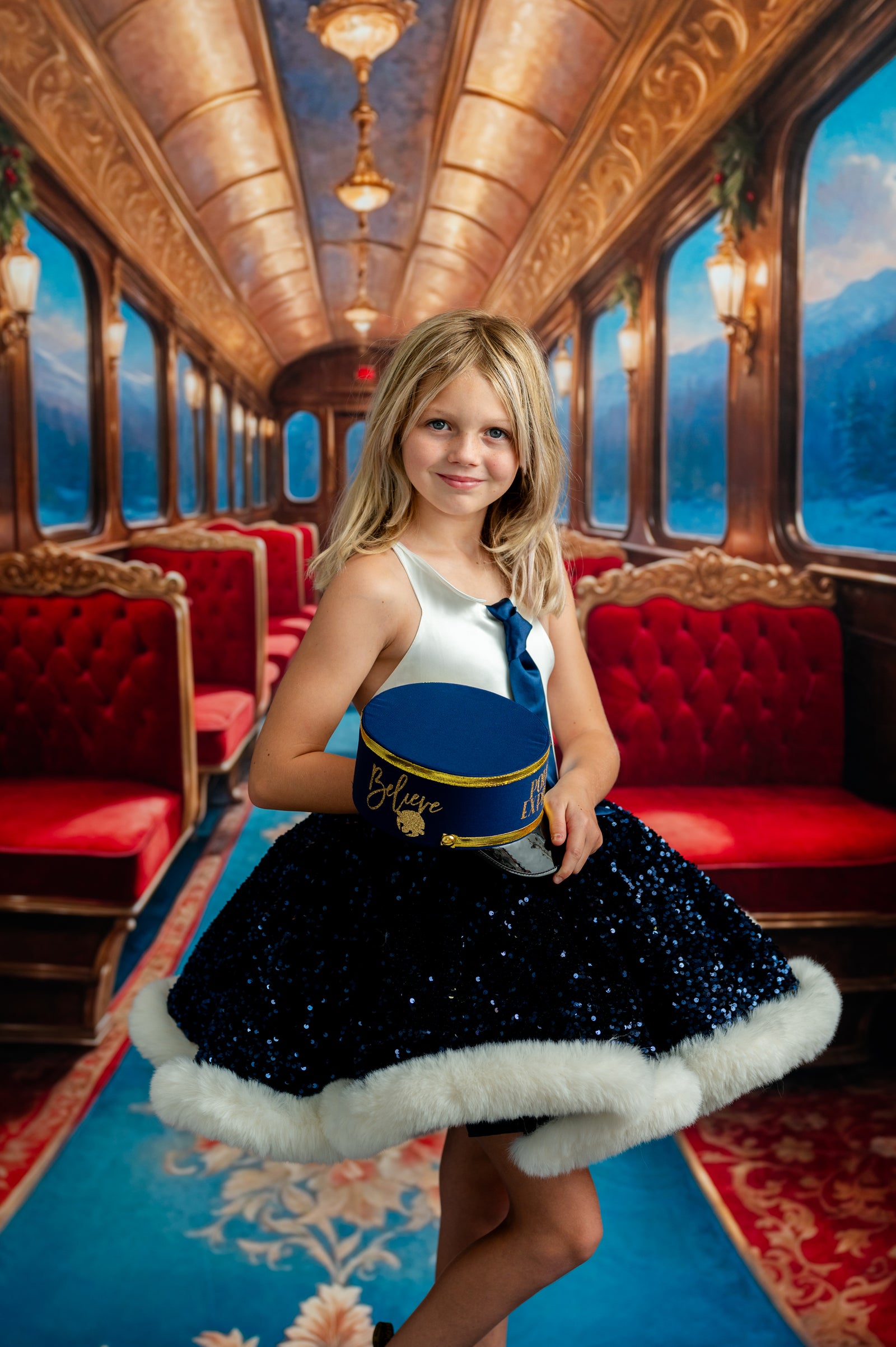 Young girl in a decorated train car with red seats and ornate ceiling.