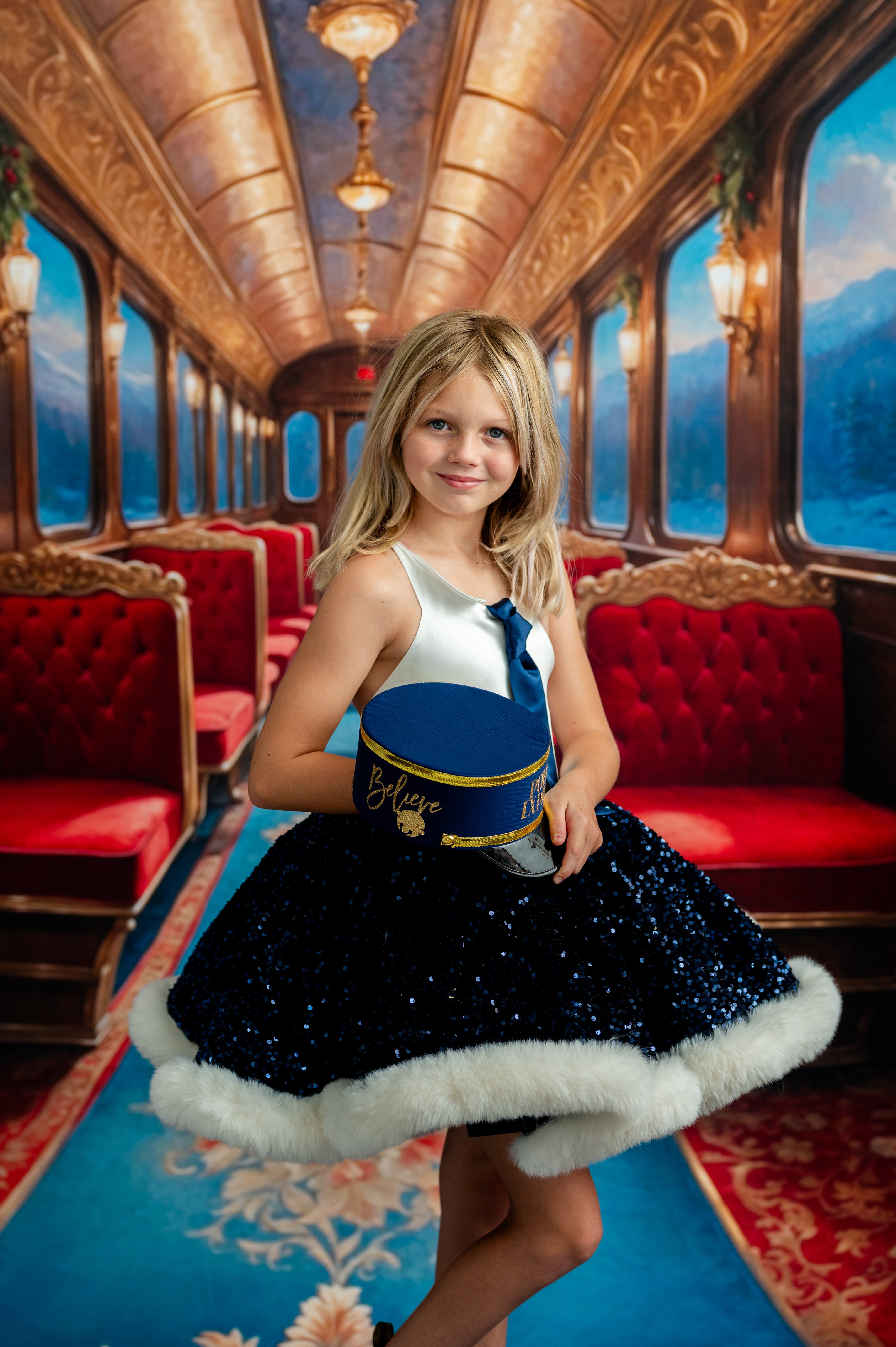 Young girl in a decorated train car with red seats and ornate ceiling.