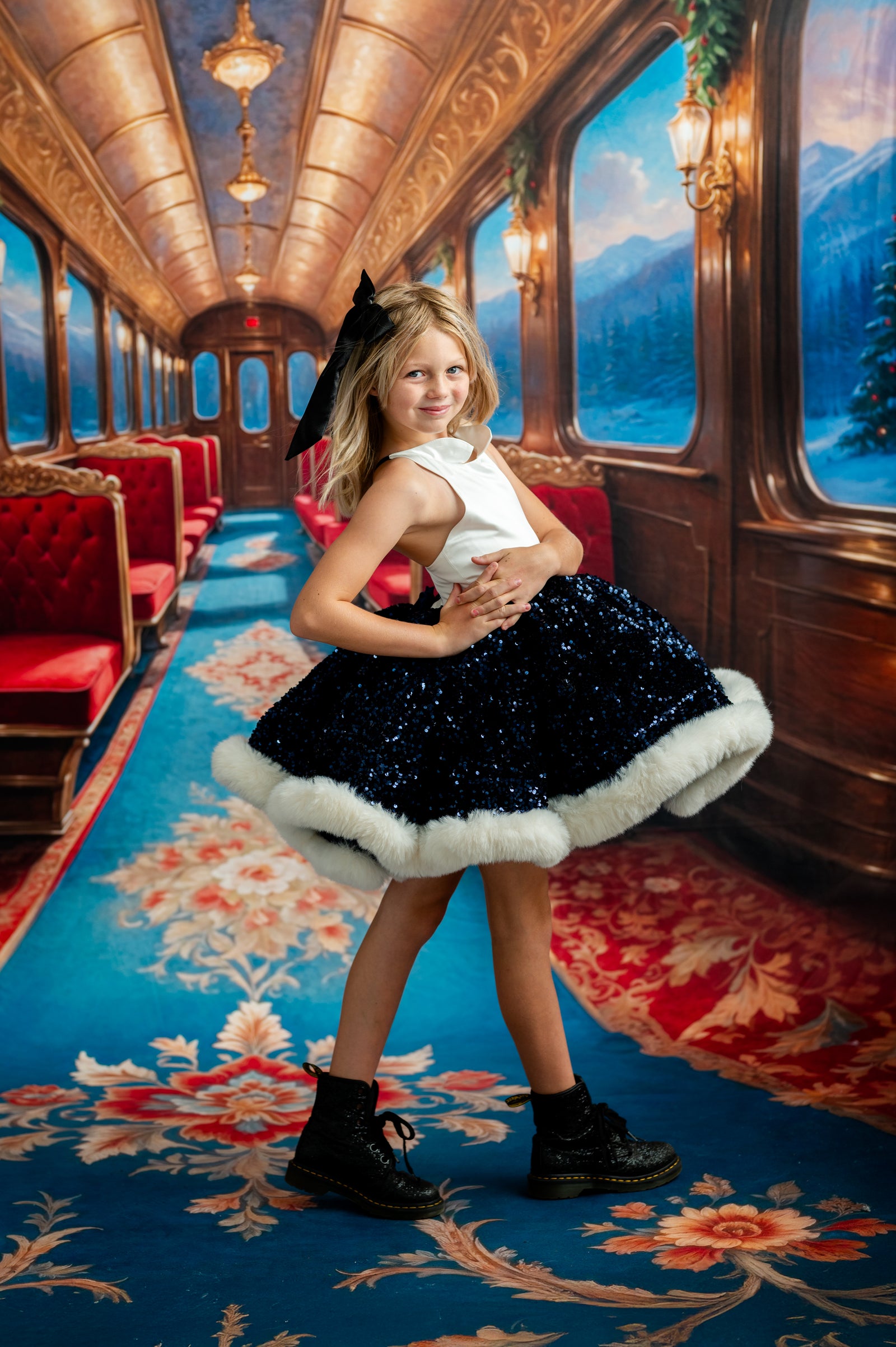 Young girl in a black and white dress with a large bow standing in a luxurious train car.