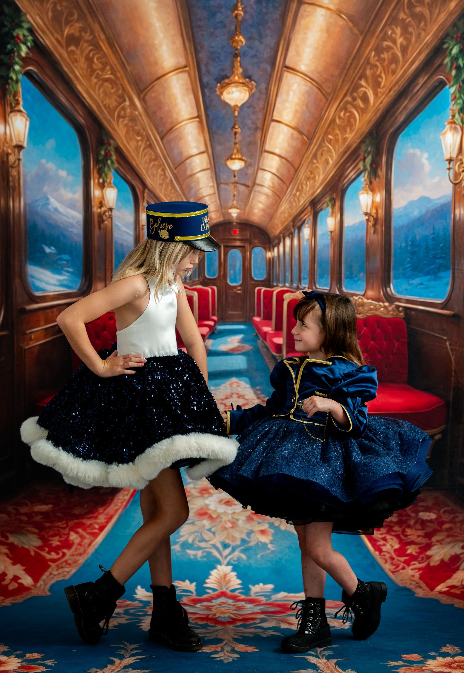 Two women in formal attire sitting on a train with a scenic view outside the windows.