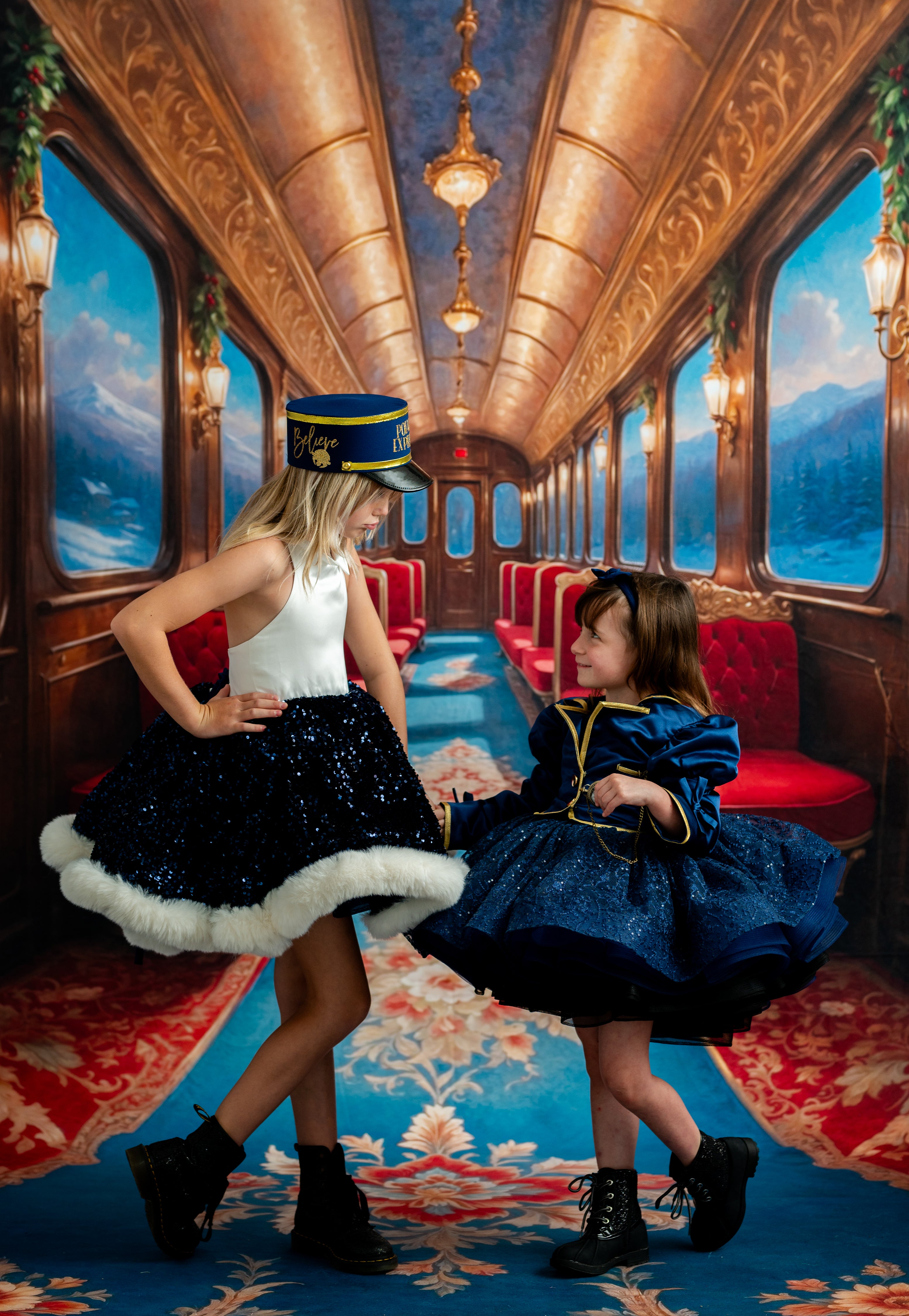Two women in formal attire sitting on a train with a scenic view outside the windows.
