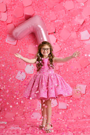 Retro Velvet Glam Pink Candy Sequin Petal Gown with Detachable Sleeves and Hair Bow – Couture Editorial Dress for Special Occasions