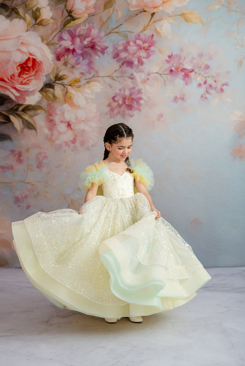 The Harmony Gown sparkles with delicate floral embroidery, pleated tulle accents, and a full skirt designed for magical moments.

