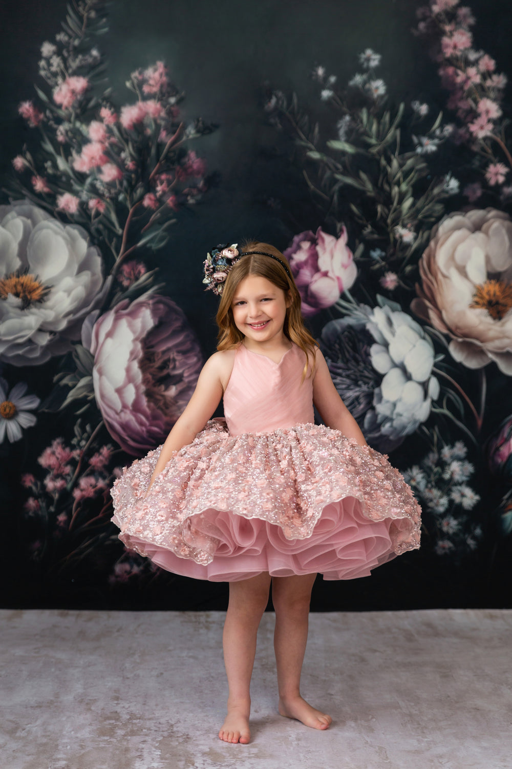 Professional fine art portrait styled around a Bentley and Lace couture gown