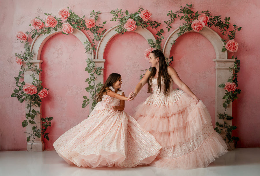 Sugar Rosette gowns on mom and daughter in an outdoor golden hour shoot