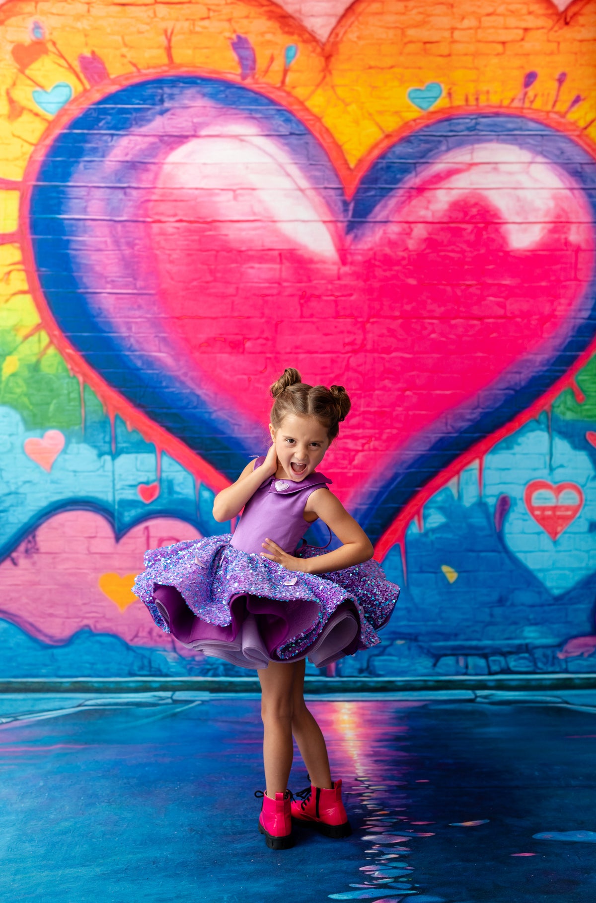 Lovebug Petal Length Dress twirling moment – layered tulle and satin skirt in motion.