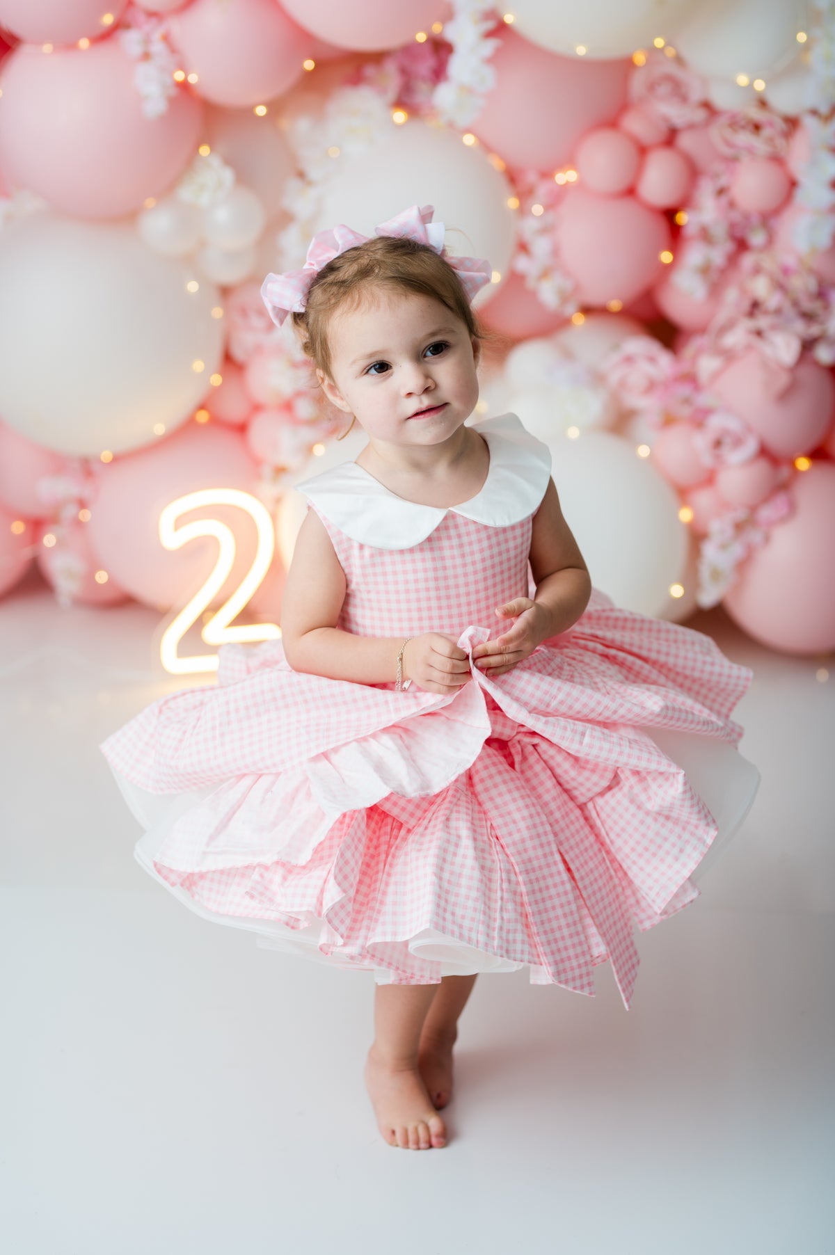 Reversible pink flower girl and portrait dress with Peter Pan collar