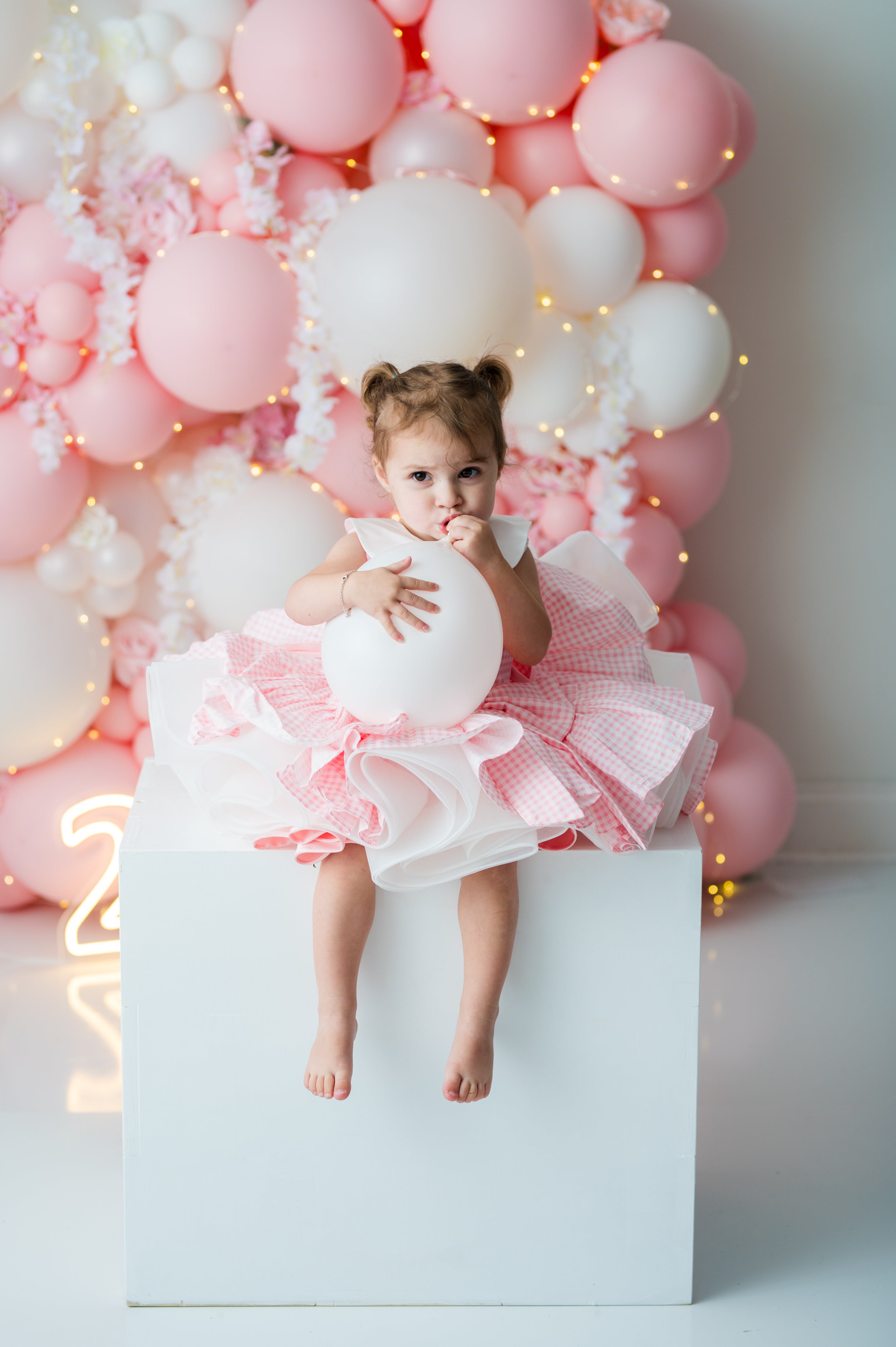 Girls pink gingham couture dress with full layered tulle skirt