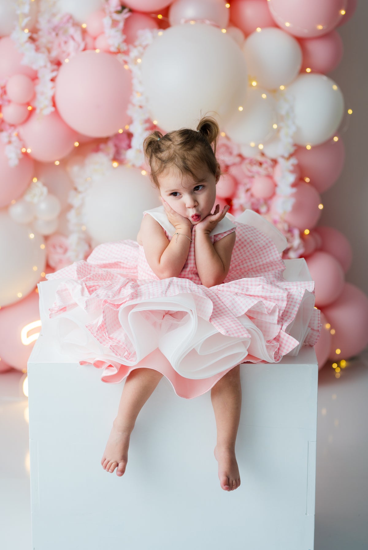 Girls pink party dress with full fluffy horsehair-supported skirt