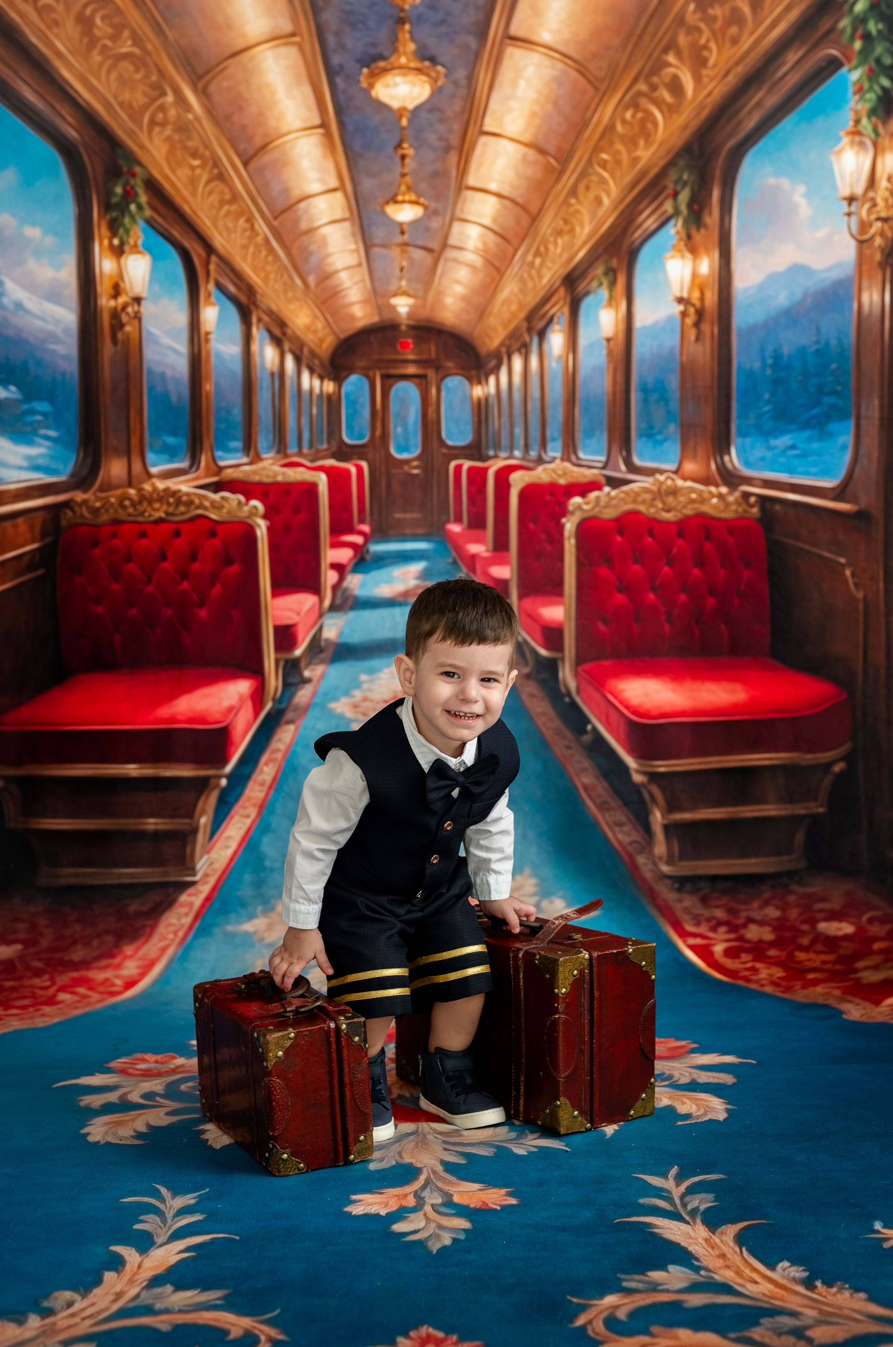 Young boy in formal attire holding suitcases on a luxurious train car with red seats and ornate decor.