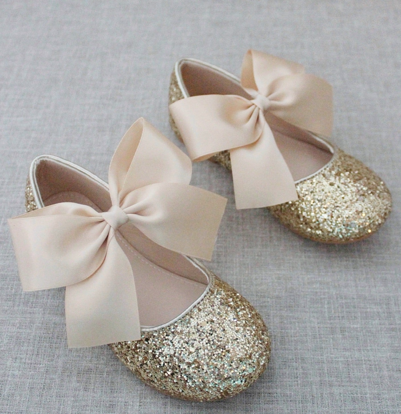 "Gold Glitter" -Maryjane Flats with Satin Bow size 10 Toddler