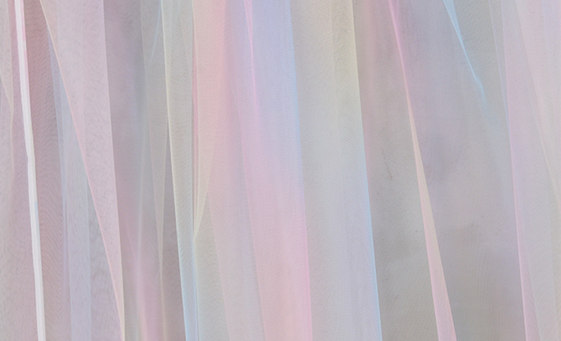 Customizable pastel rainbow gown featuring detachable tulle sleeves and a flattering silhouette.
