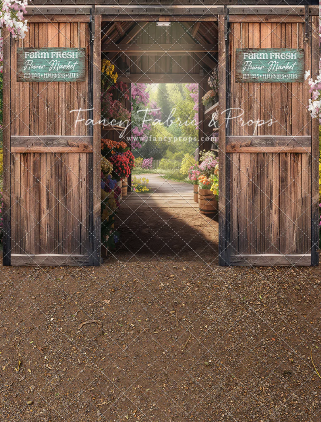 Farm Fresh Flower Barn backdrop with a sweeping fabric design, featuring elegant, rustic charm, perfect for photography sessions.







