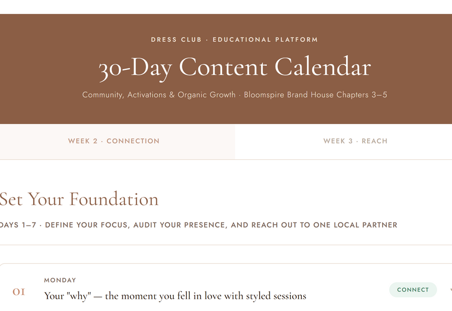 30 days of content ideas, made for Dress Club members.
