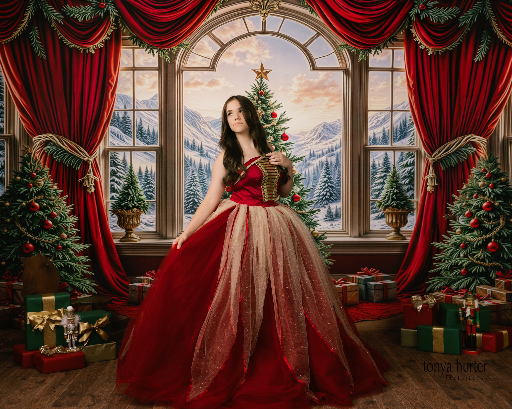 Applique and satin detail on bodice of Nutcracker-inspired dress

