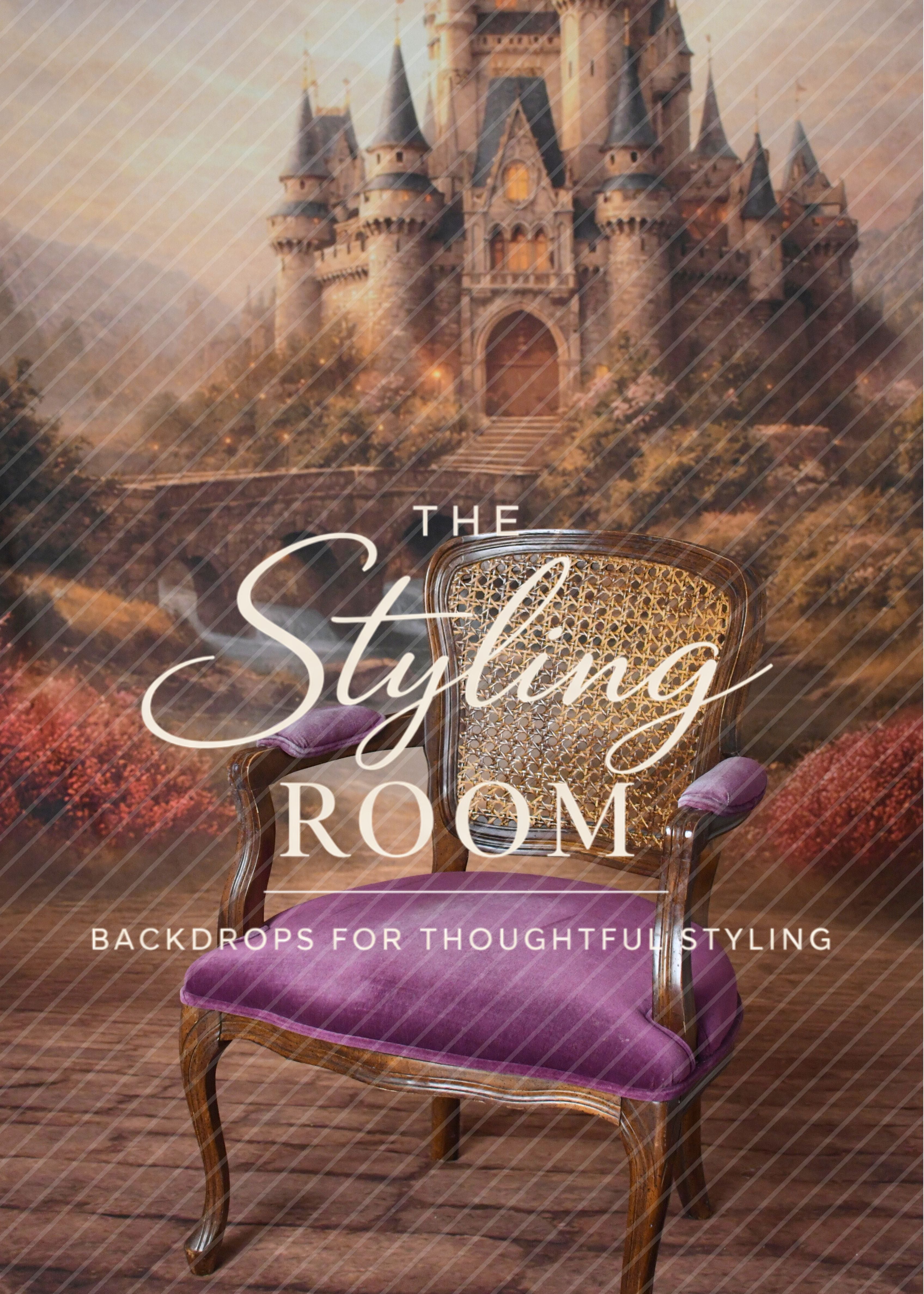 Decorative chair with purple cushion in front of a castle painting, featuring 'The Styling Room' text.