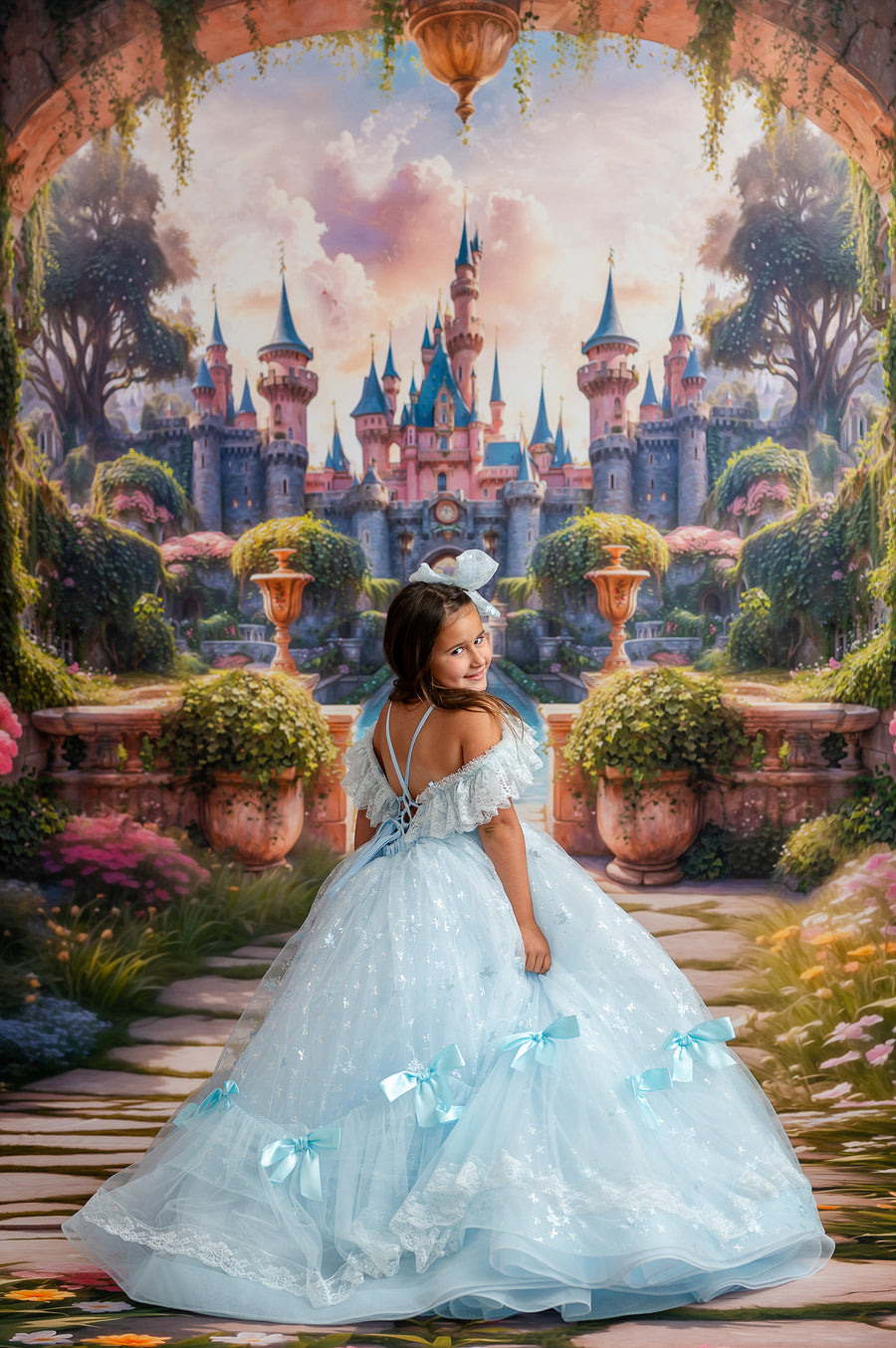 "Whimsy Bows Couture Dress captured in golden light, highlighting texture and color options"


