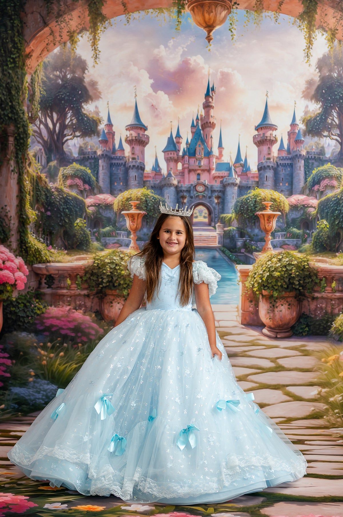 "Timeless couture gown for girls with whimsical bow details and layered elegance"

