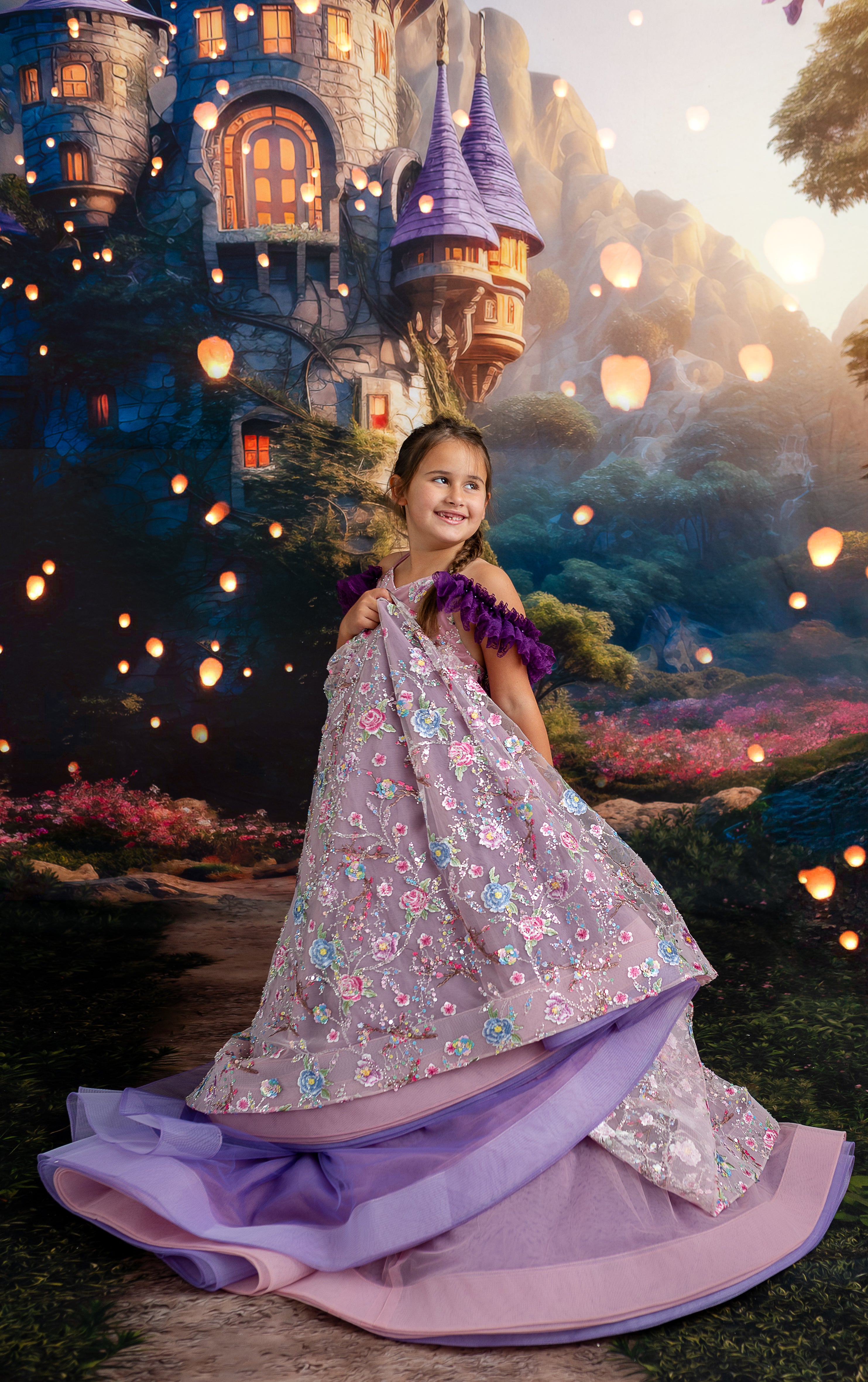 "Blush & Blossom Melody" Floor Length Gown + Detachable tulle cape (8 Year - 9 Year)