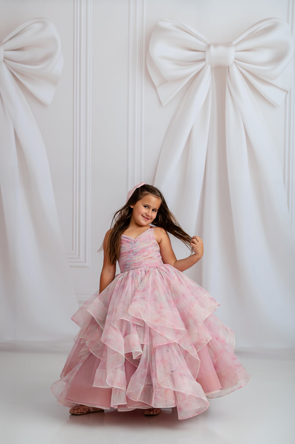 "Pastel Clouds Dress with soft rainbow hues and detachable tulle sleeves, perfect for dreamy photo shoots"

