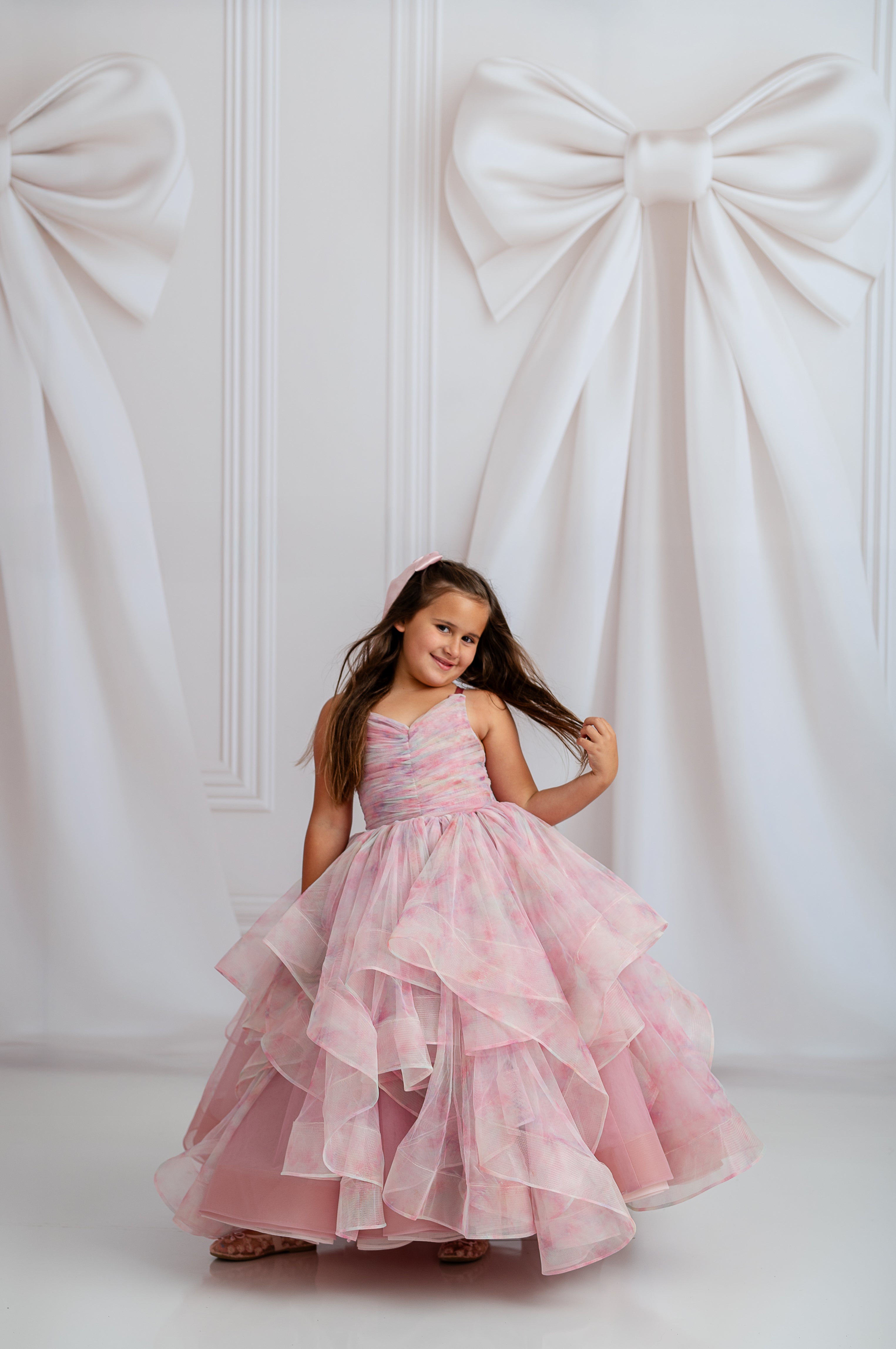 "Pastel Clouds Dress with soft rainbow hues and detachable tulle sleeves, perfect for dreamy photo shoots"

