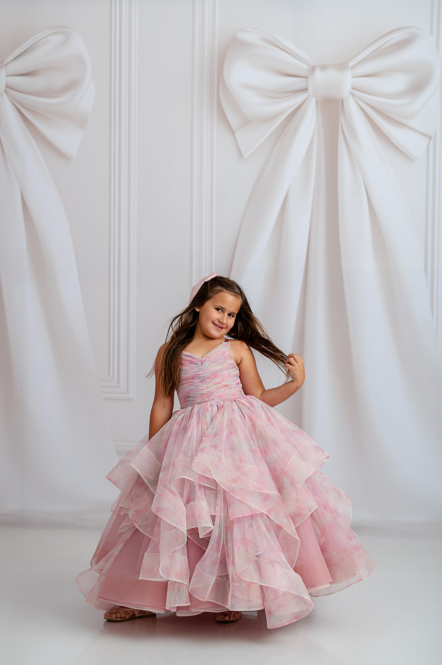 "Pastel Clouds Dress with soft rainbow hues and detachable tulle sleeves, perfect for dreamy photo shoots"

