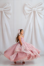 "Custom pastel girls gown with layered tulle skirt and whimsical cloud-inspired design"

