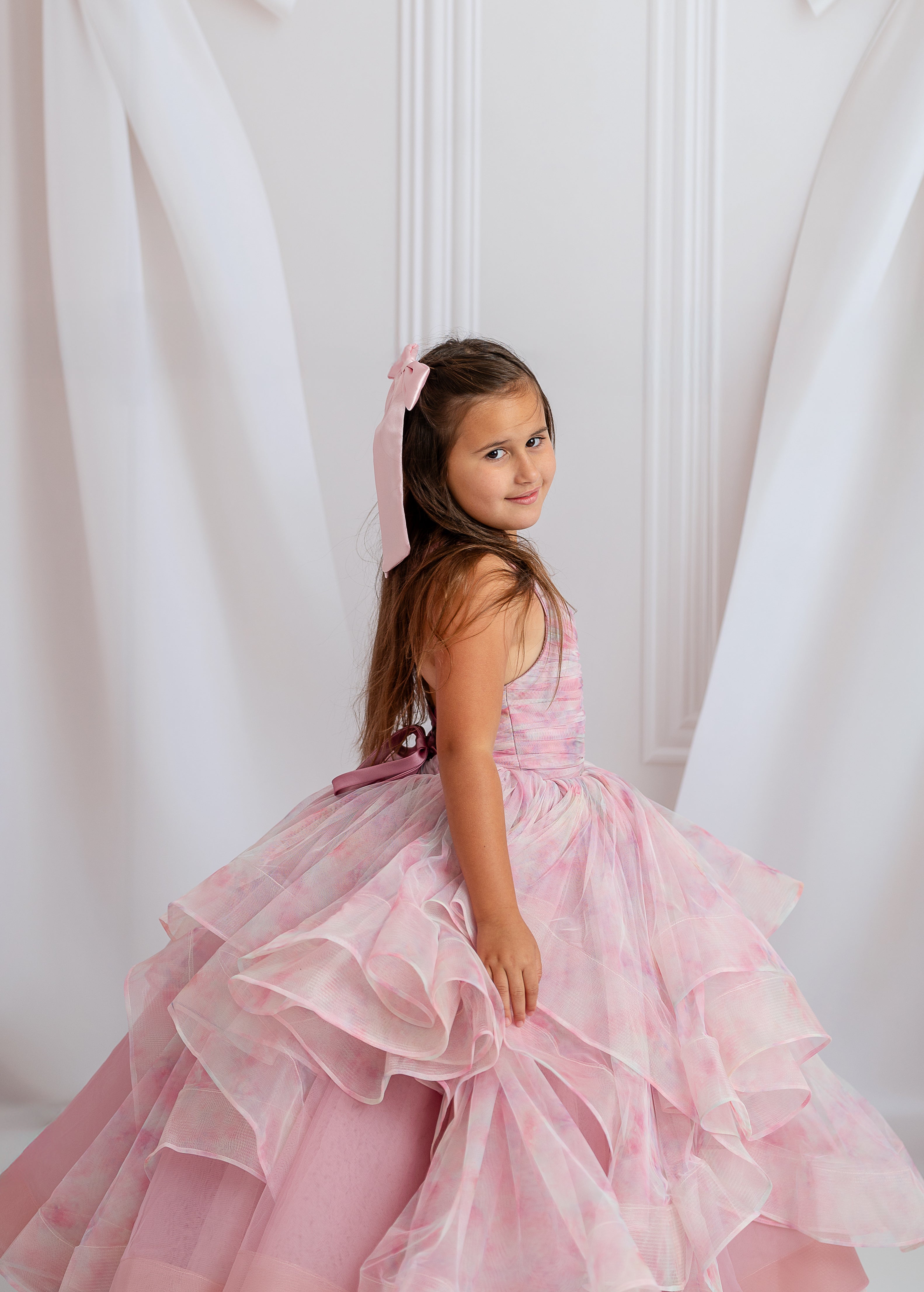 "Whimsical pastel couture dress for girls styled for springtime photo sessions"

