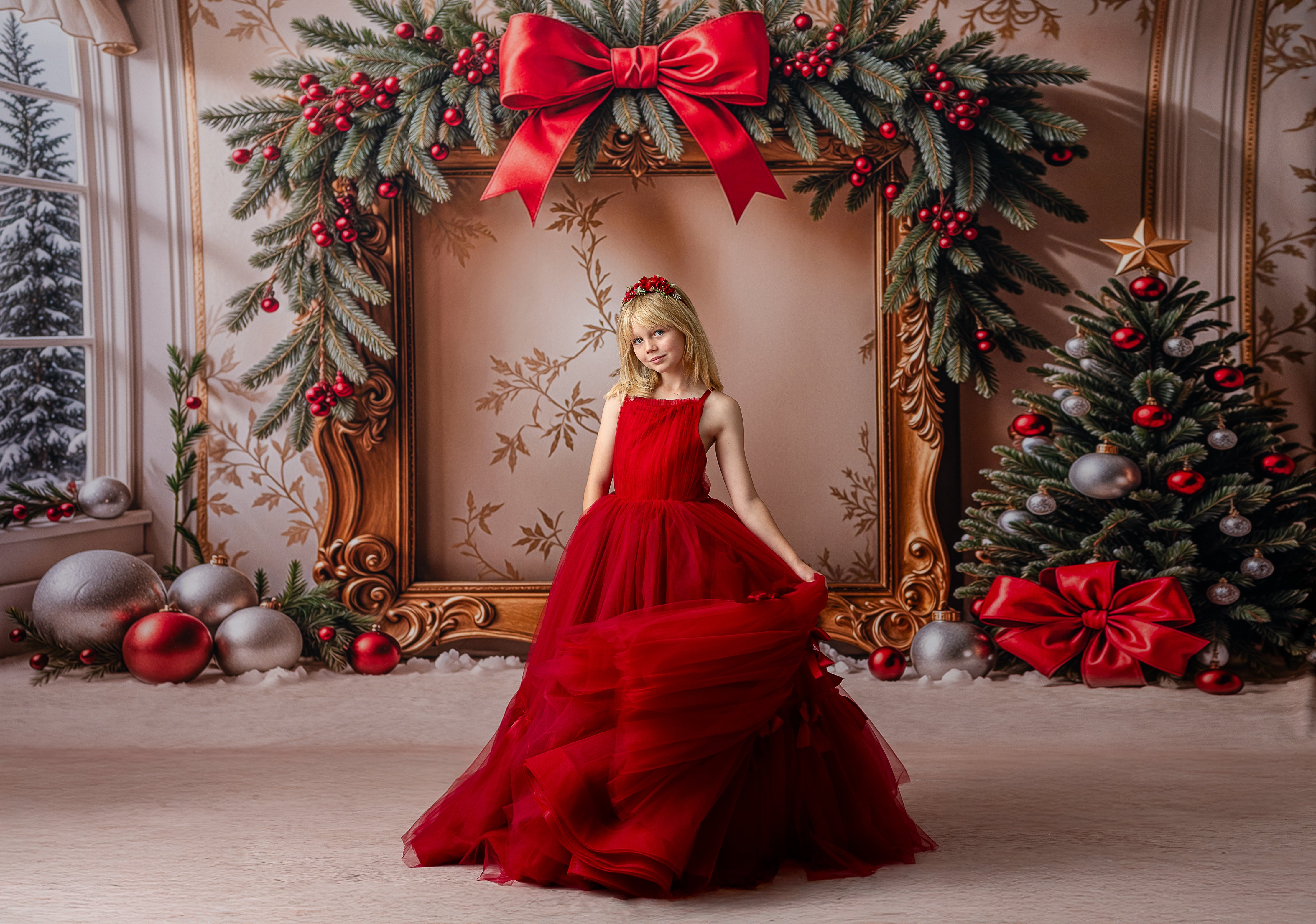 Side view of bow-detailed gown with elastic waist and crinoline fullness

