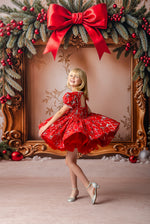 Twirl-worthy red holiday gown with built-in petticoat for extra volume

