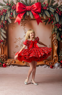 Velvet Whimsy Bows Dress styled with vintage lace trim and satin bow

