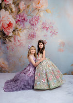 Graceful lavender gown embellished with floral appliqués, complete with detachable puff sleeves for a dreamy touch.