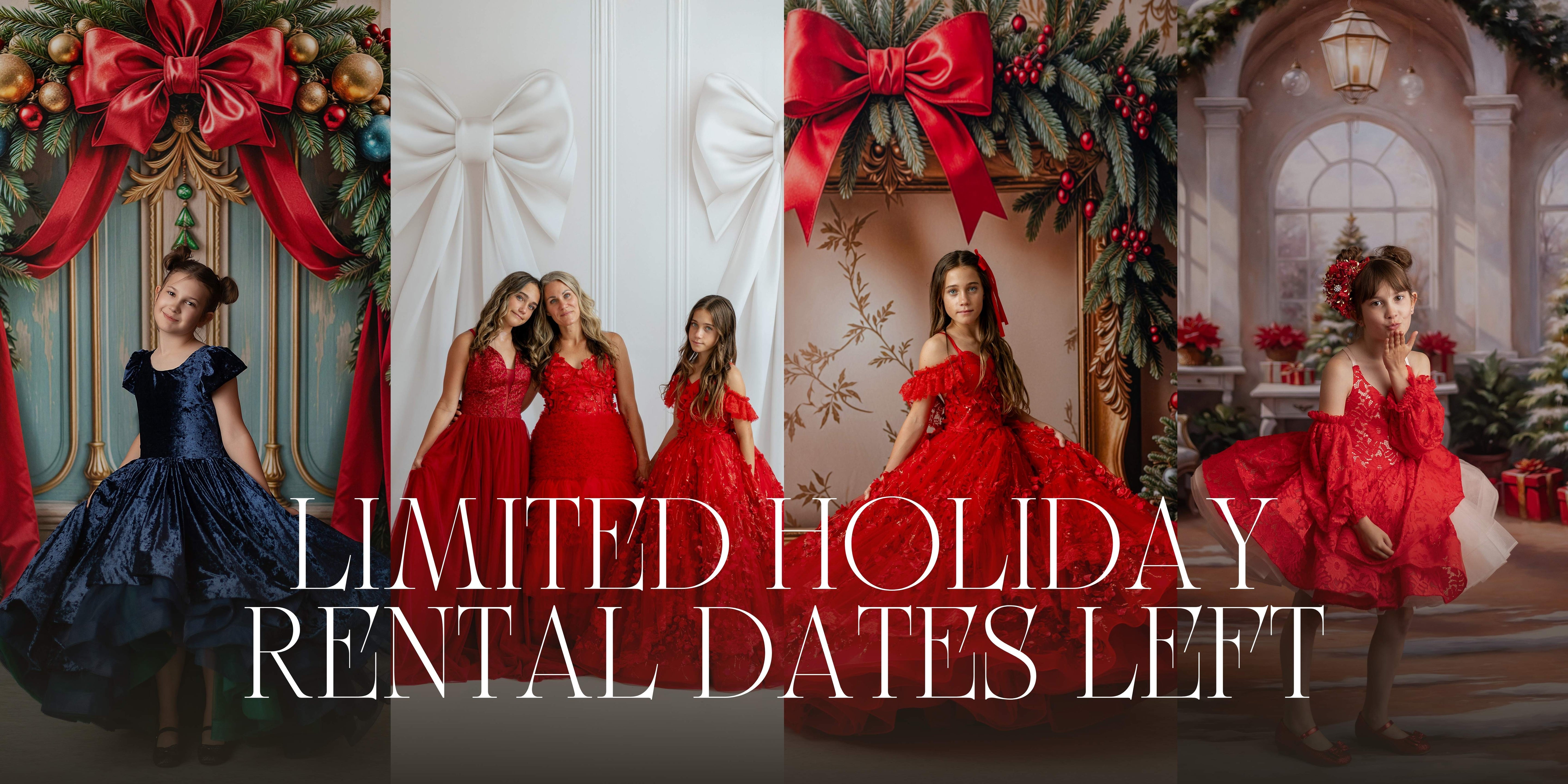 Promotional image for limited holiday rental dates with women in formal dresses.