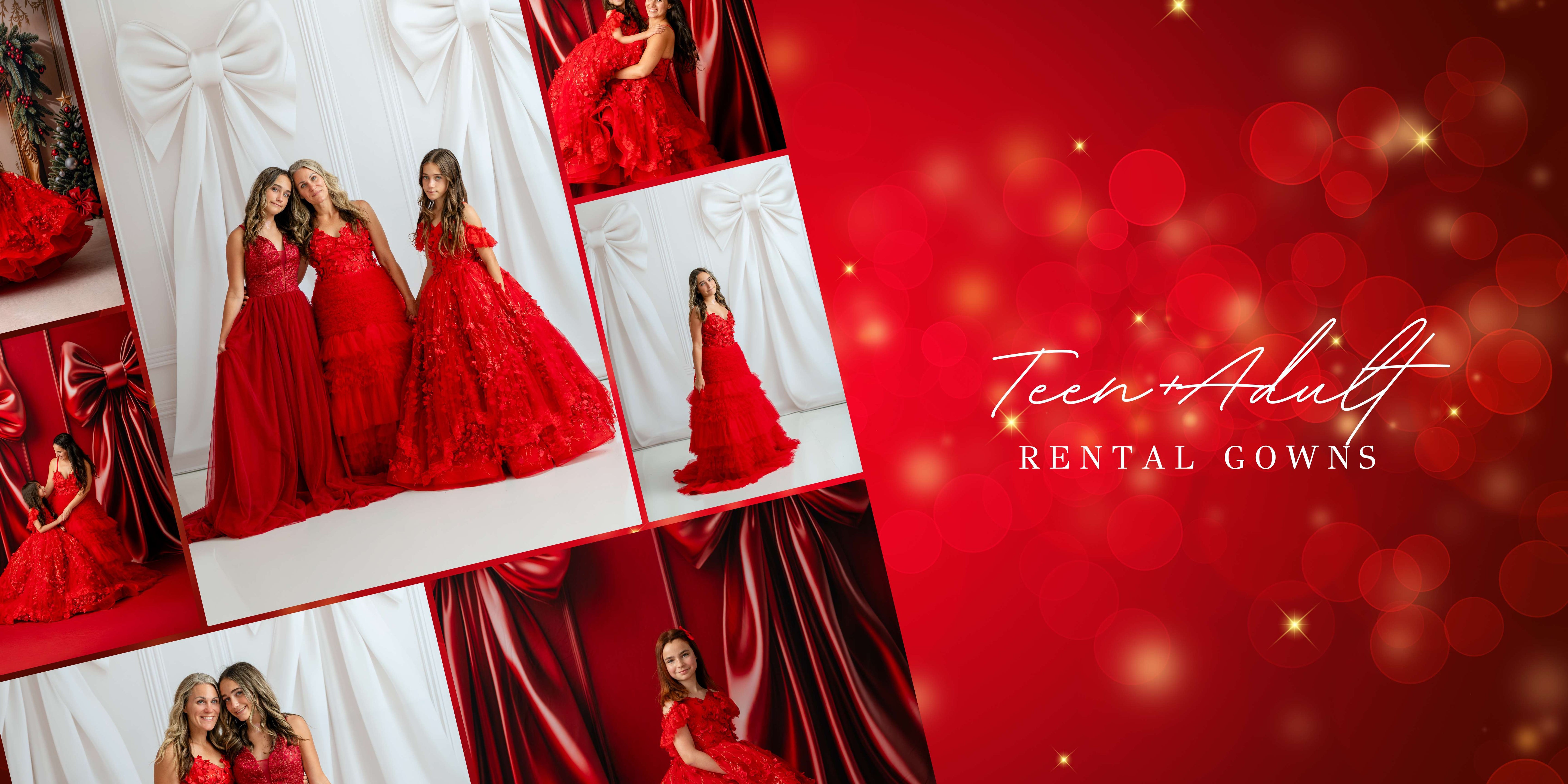 Promotional collage of red rental gowns with 'Teen Adult Rental Gowns' text on a red background.