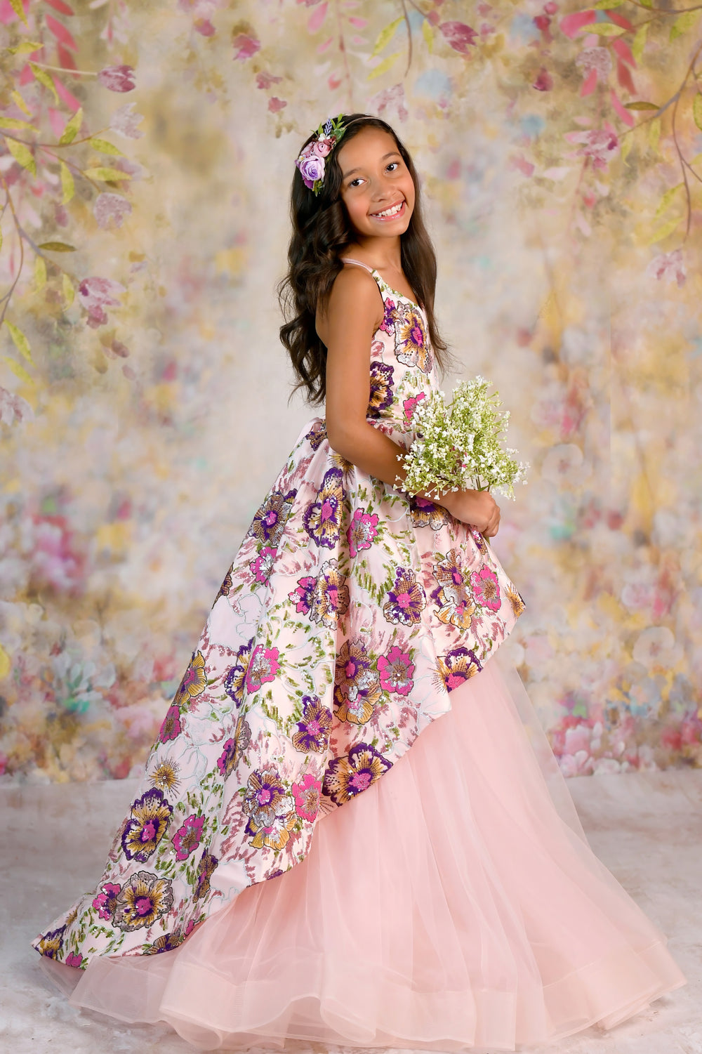 New Colorful Sunset High-Low Rental Gown | Fits 8Y–Petite 9Y
