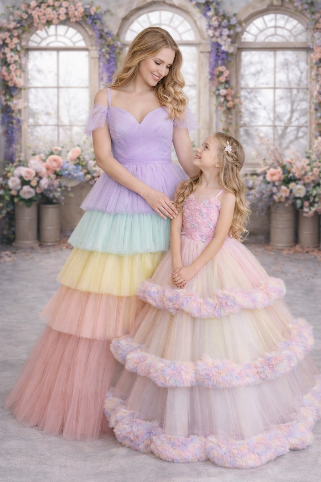 Two women in pastel tiered dresses standing in a decorated room with flowers.