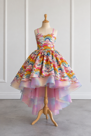 A sleeveless high-low dress displayed on a wooden dress form mannequin, featuring a colorful rainbow and cloud print on the bodice and layered pastel pink, purple, and blue tulle ruffles on the skirt, set against a white paneled wall.